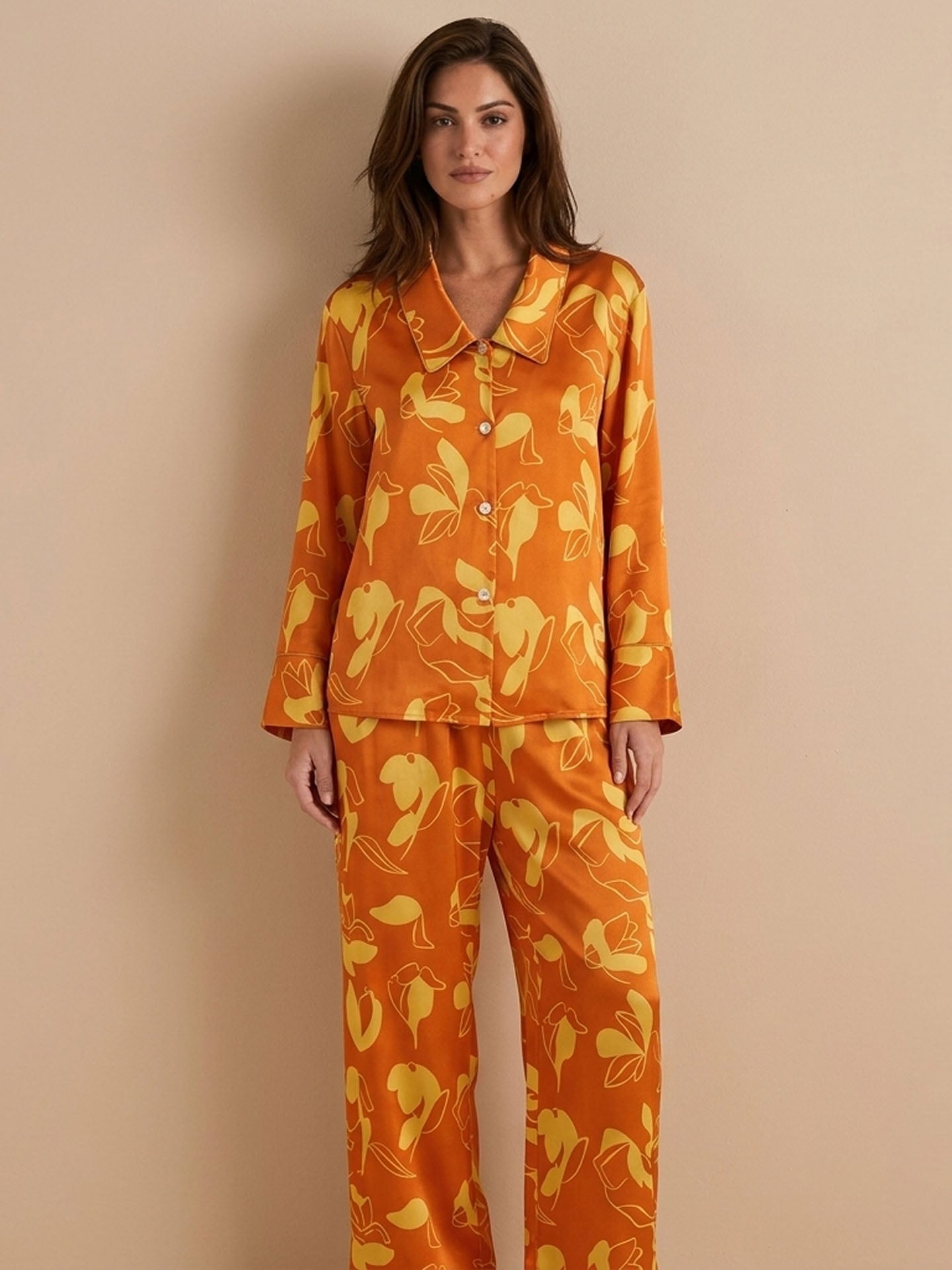 Orange Printed Silk Pajama Set #color_Orange Print