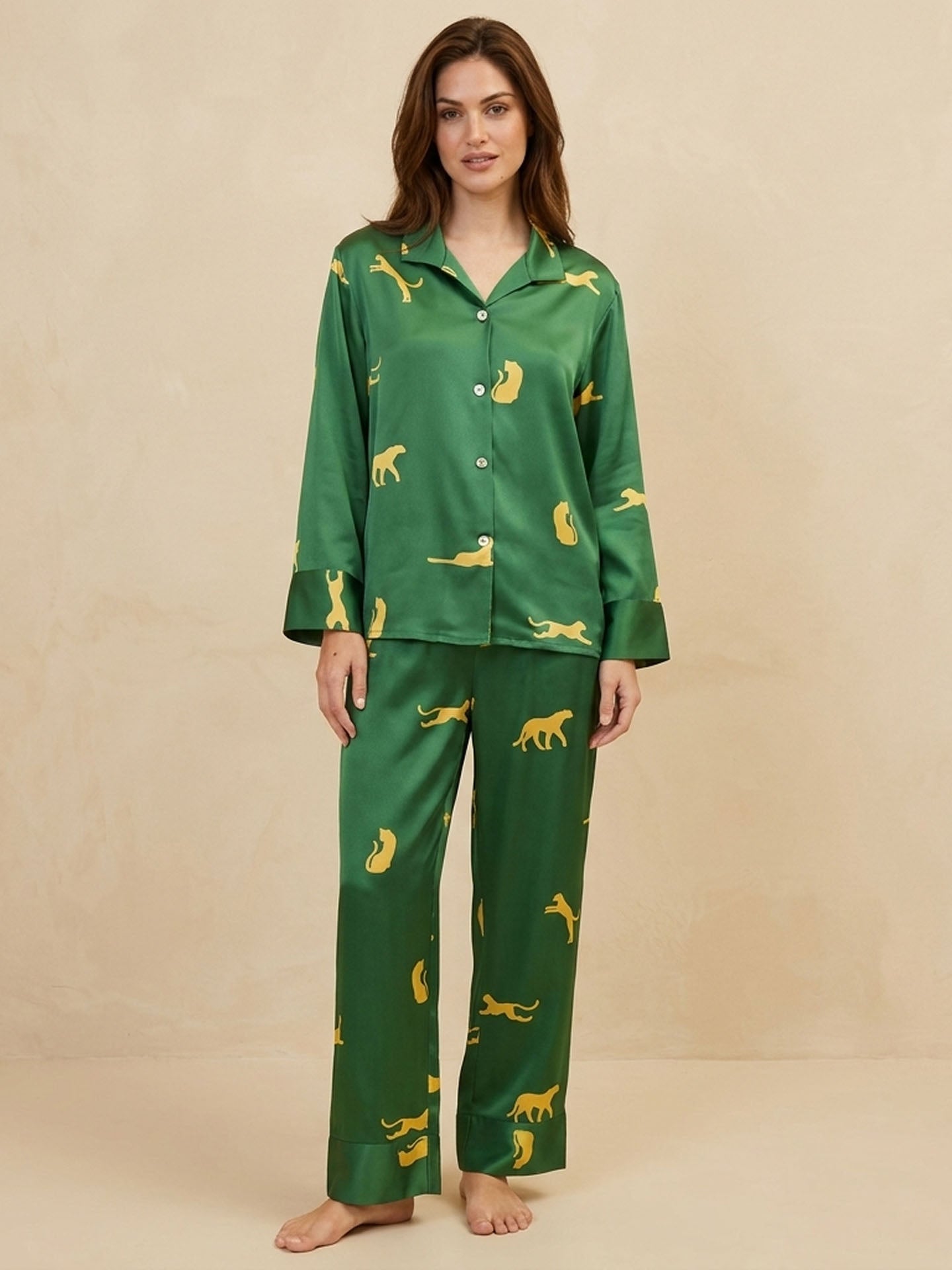 Leopard Print Long Sleeve Trousers Suit #color_Dark green