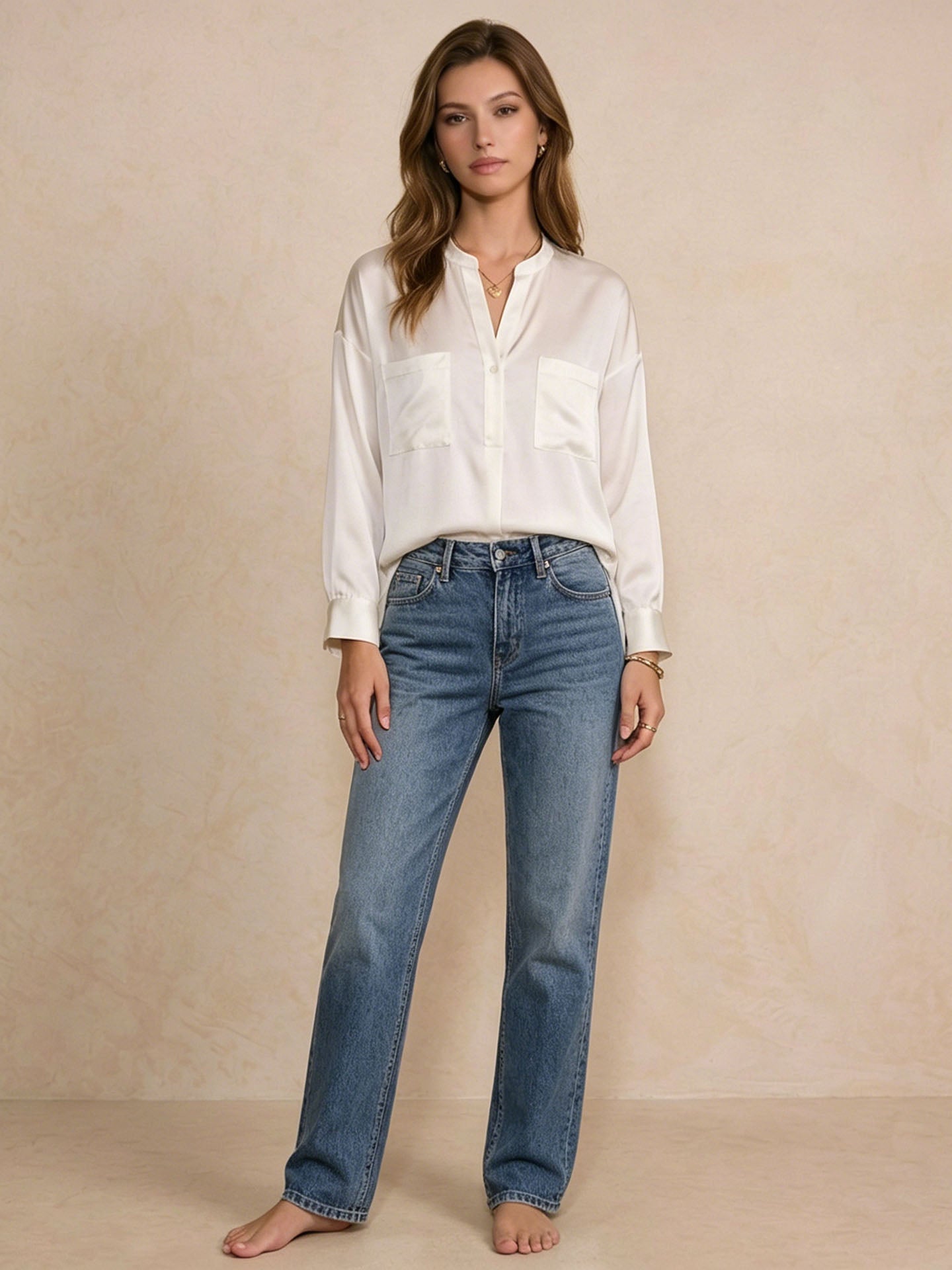 Luxe Deep V-Neck Mulberry Silk Long Sleeve Blouse#color_Ivory White