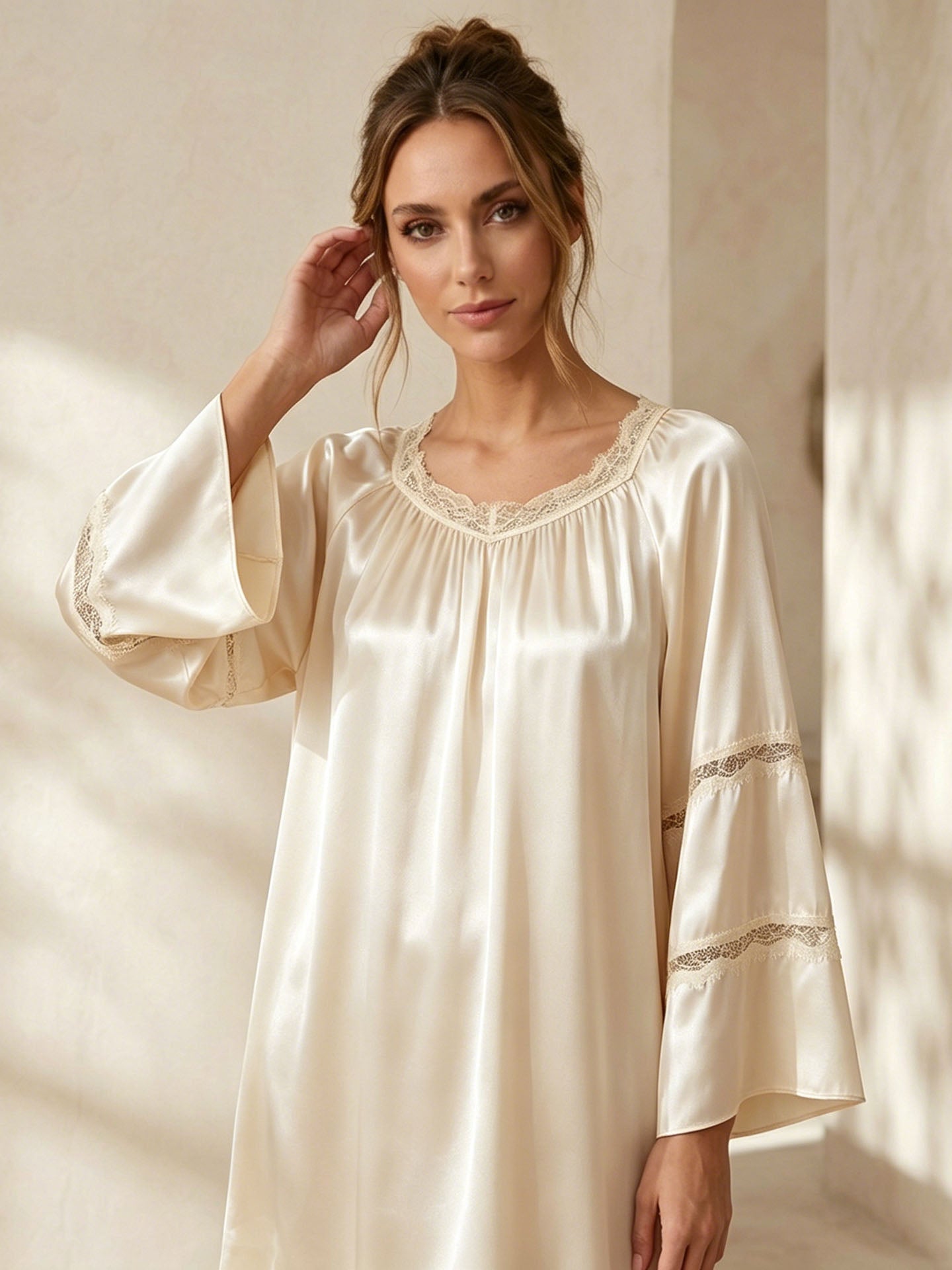 Lace pleated nightdress #color_Light Gold