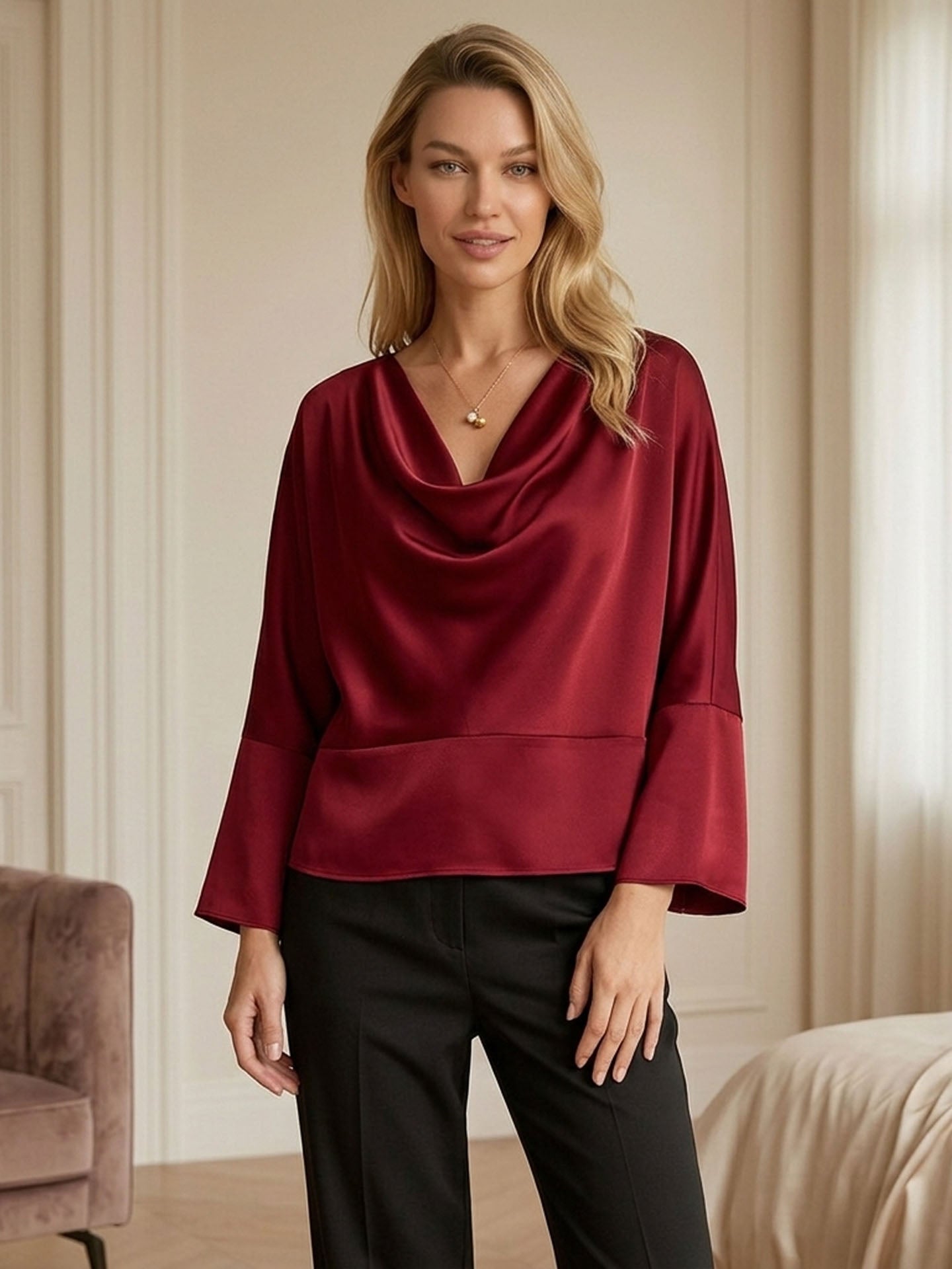Sculptural Cowl-Neck Mulberry Silk Blouse#color_Burgundy