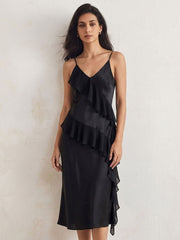 Elegant lace-trimmed spaghetti strap long dress - #color_Black