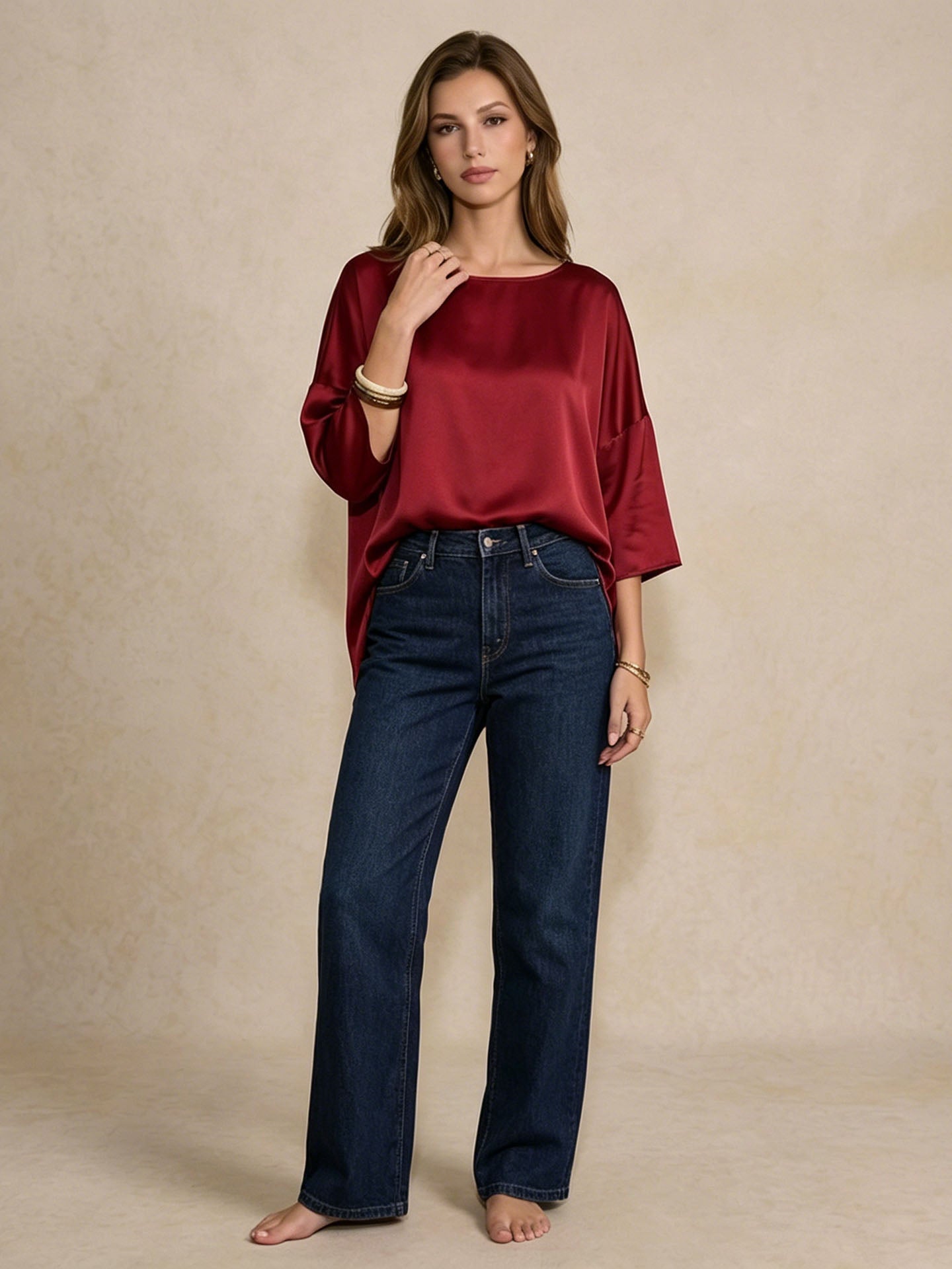 Oversized Boat Neck Silk Blouse#color_Burgundy