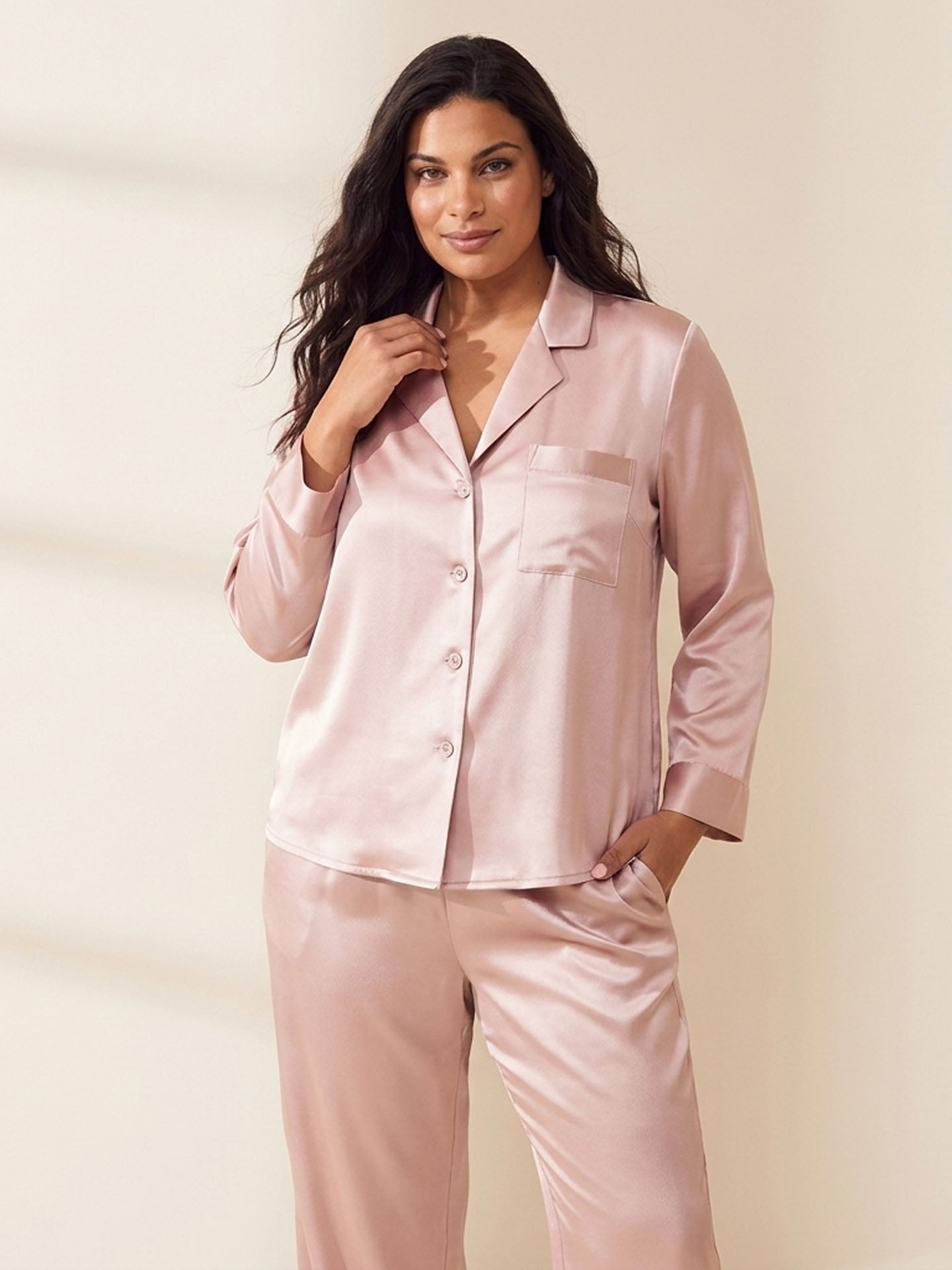 30 Momme Super Heavy Temperament Long Sleeve Trousers Set #color_Blush Pink