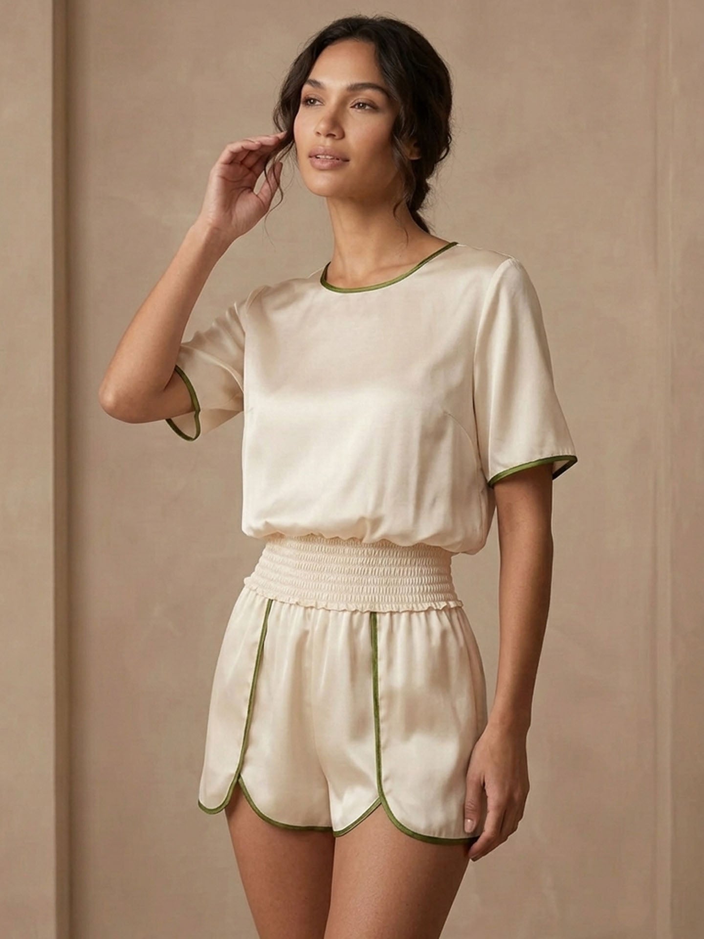 Contrast Color Split Short Sleeve Shorts Set - JANCESILK