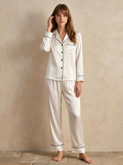 19 Momme Classic Silk Long Sleeve Long Pants Pajama Set#color_White