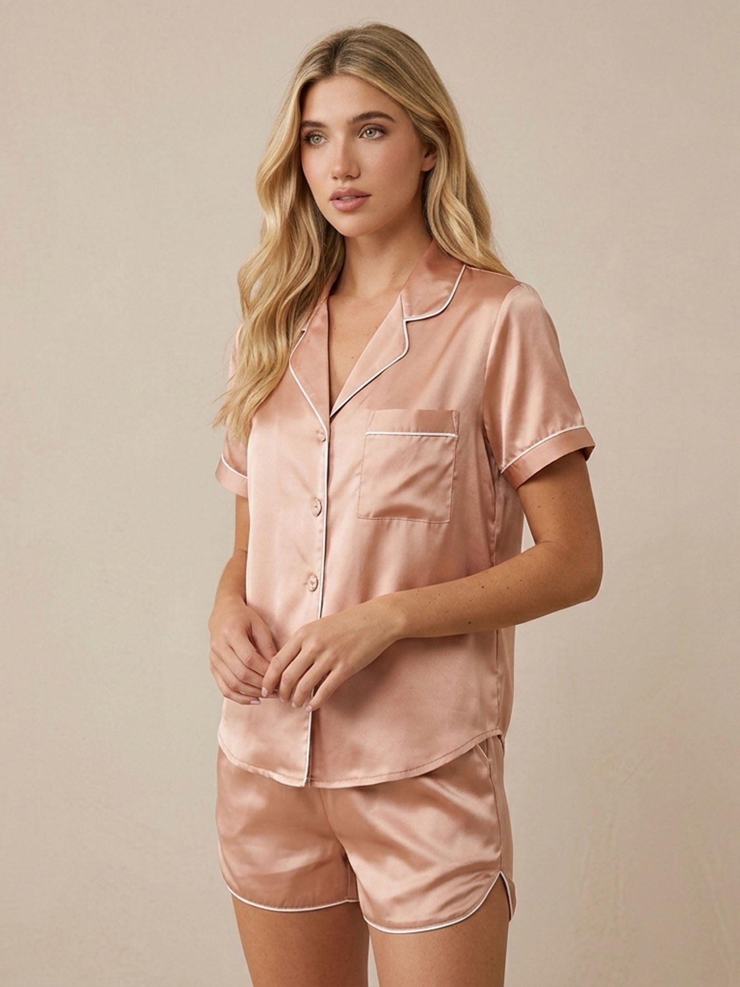 Pocket-style Short-sleeved Shorts Silk Suit#color_Coral Red