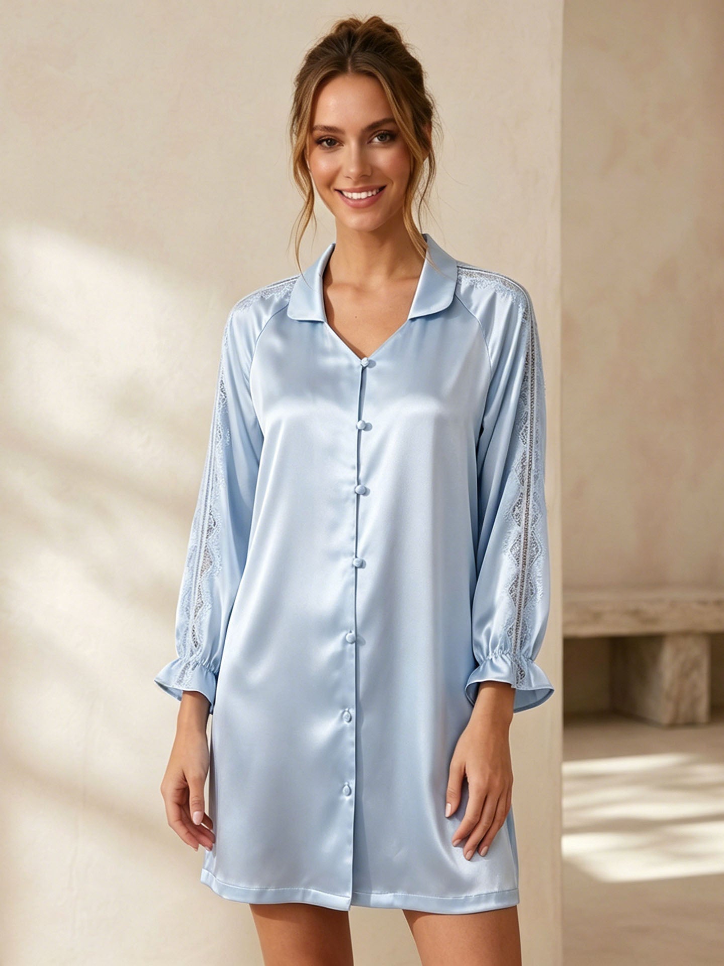 Lace Panel Raglan Sleeve Nightdress #color_Baby Blue