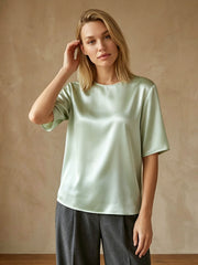 Pure Mulberry Silk Classic Crew-Neck Top#color_Sage Green