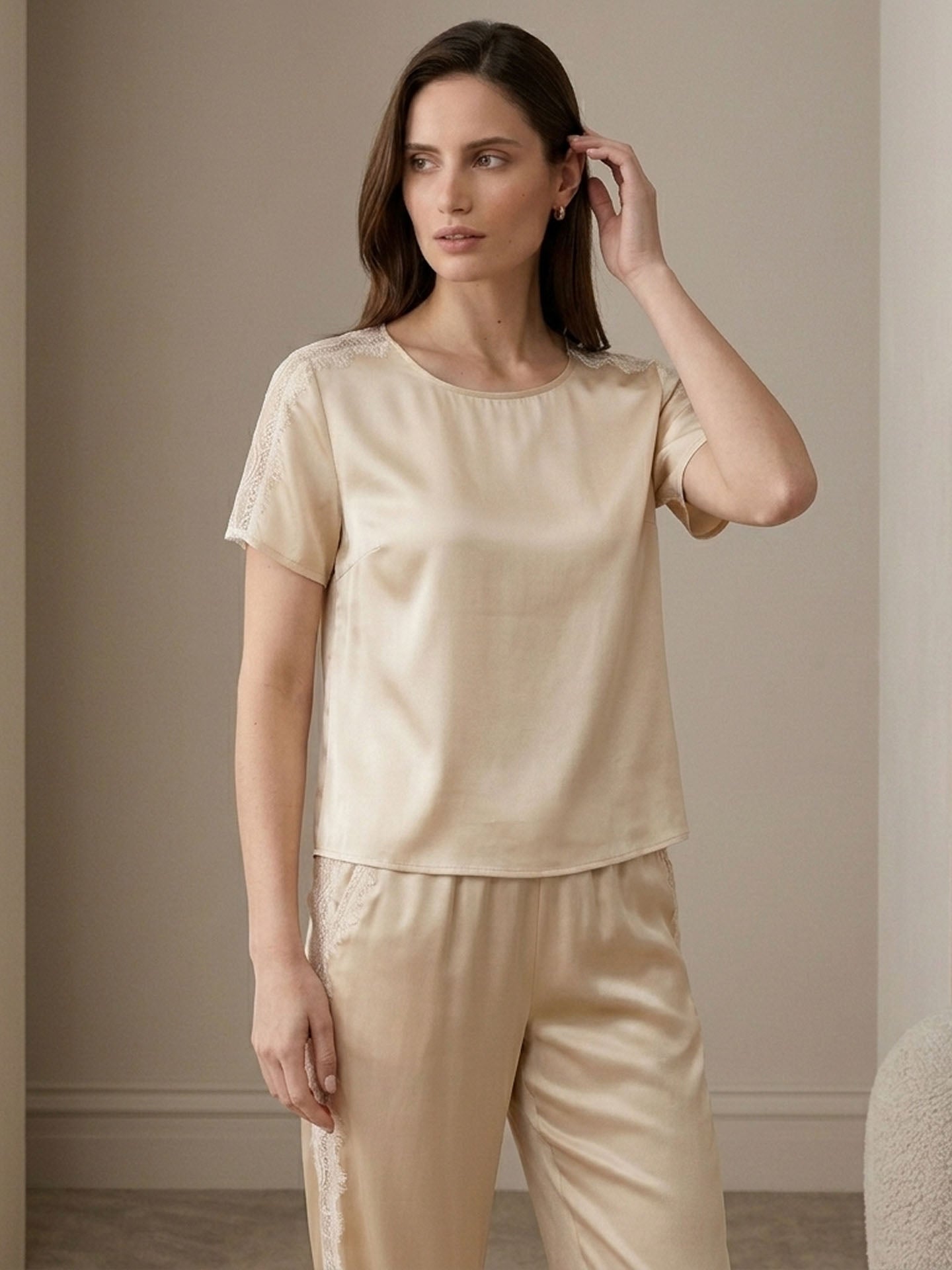 Lace Patchwork Short-sleeved Trousers Suit #color Blush Beige
