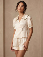 Navy Square Neck Short Sleeve Shorts Set #color_Pear white