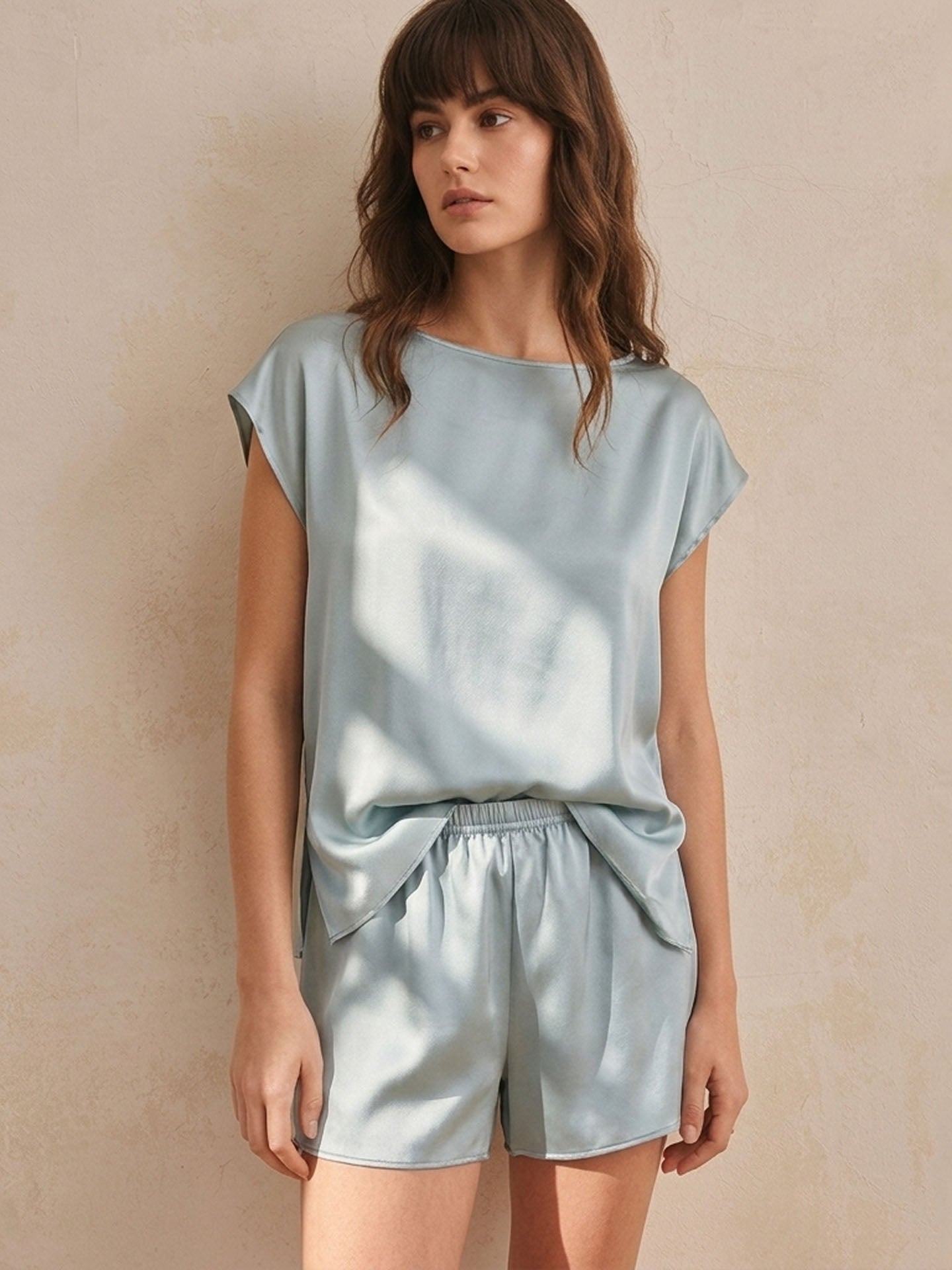 Silk Pajama Shorts Set#color_Mint Green