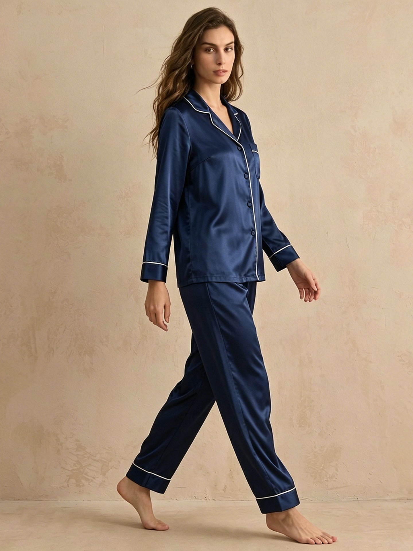 Classic Silk Long Sleeve Long Pants Pajama Set #color_Navy