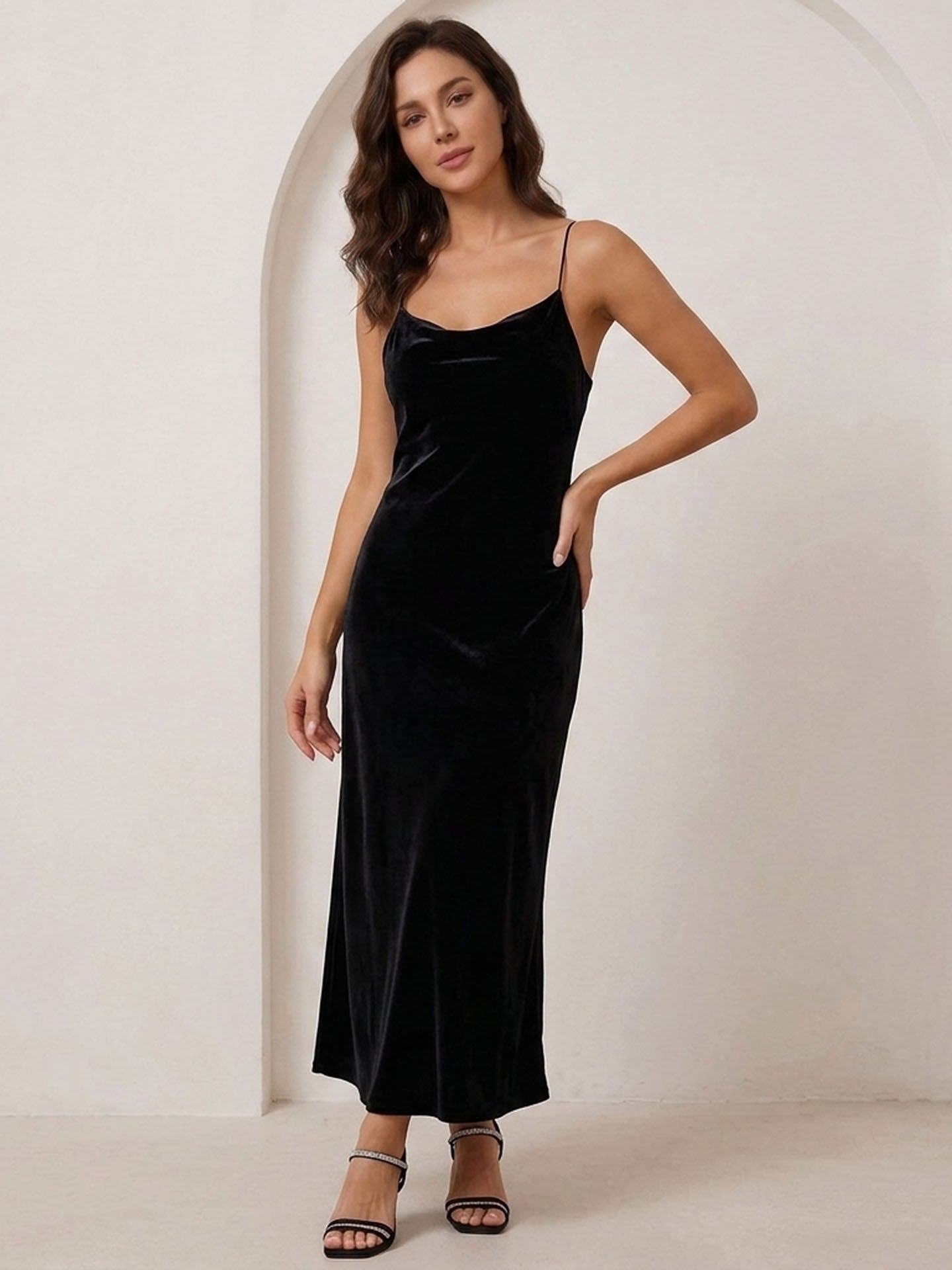 Minimalist Mulberry Silk Velvet Maxi Slip Dress #color_Black