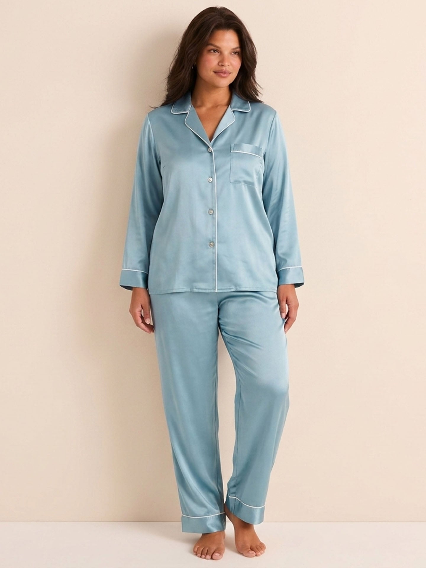 22 Momme Fashionable Long-sleeved and Long-pants Silk Suit #color_Dusty Blue