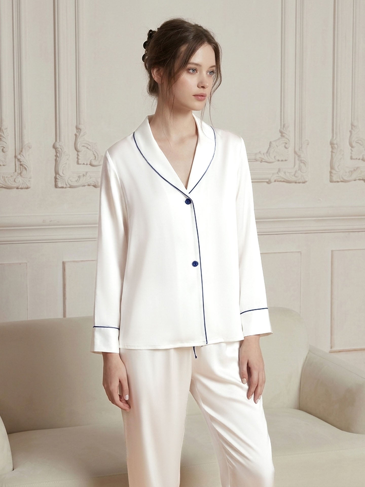 Shawl Collar Long Sleeve Long Pants Silk Suit #color_White