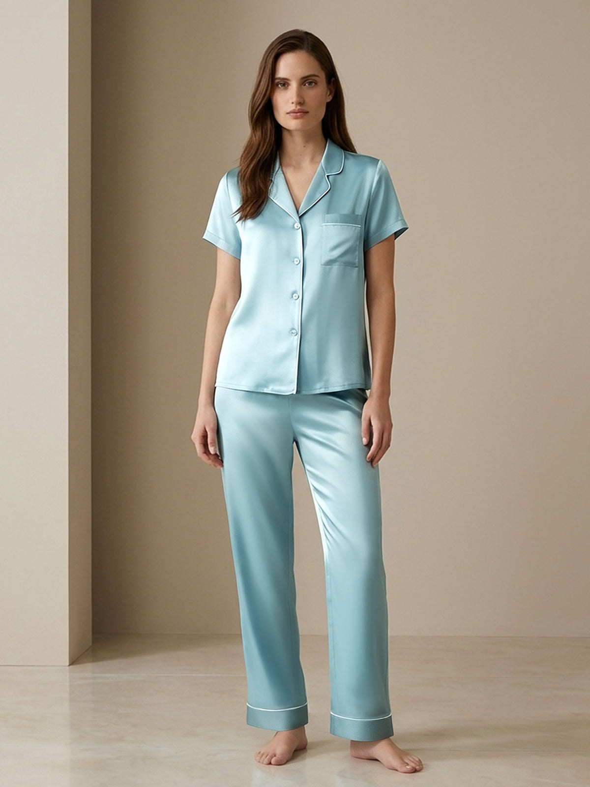 Silk Short-sleeved Trousers Suit #color_Turquoise