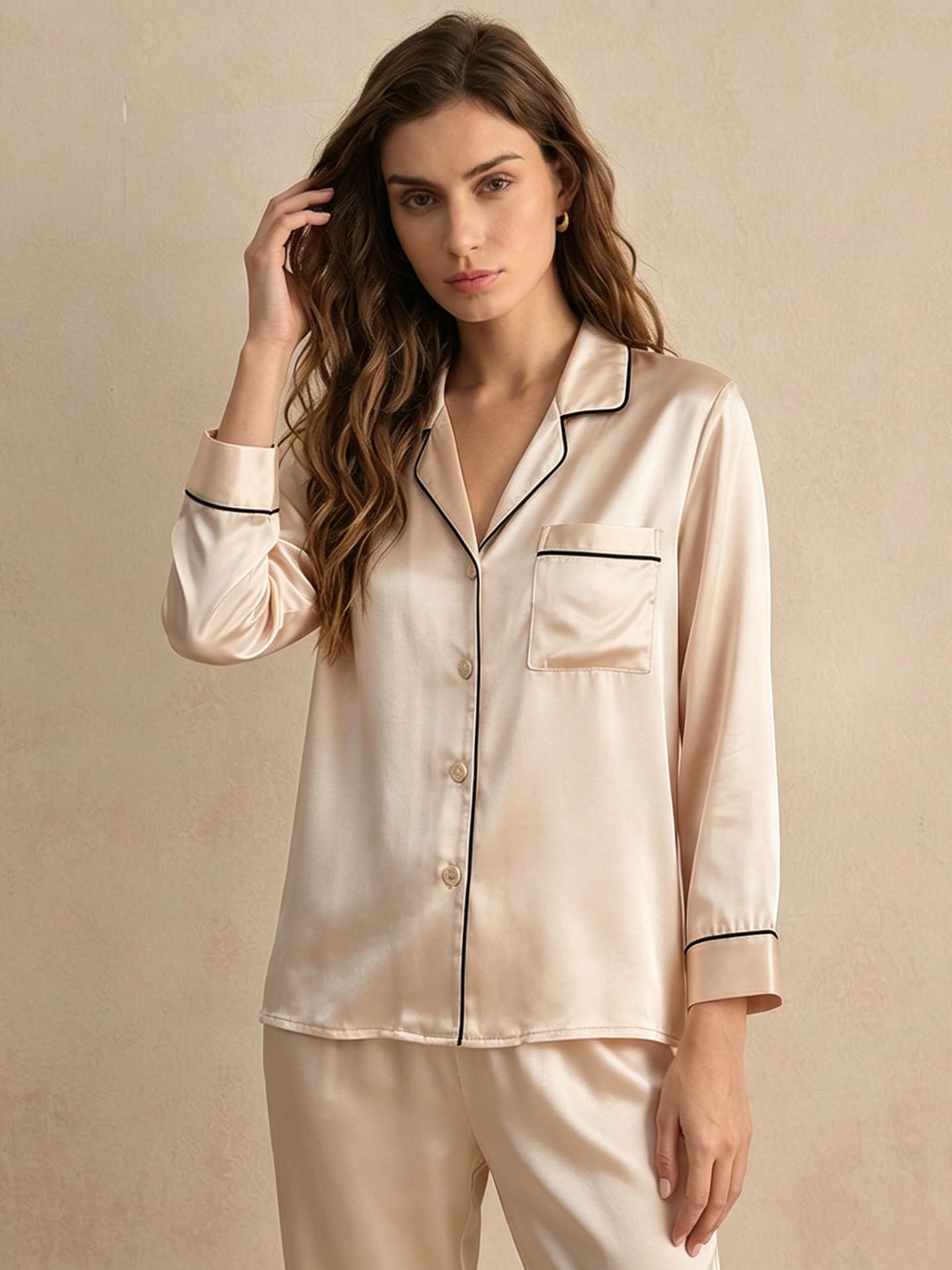 Classic Silk Long Sleeve Long Pants Pajama Set #color_Blush Beige