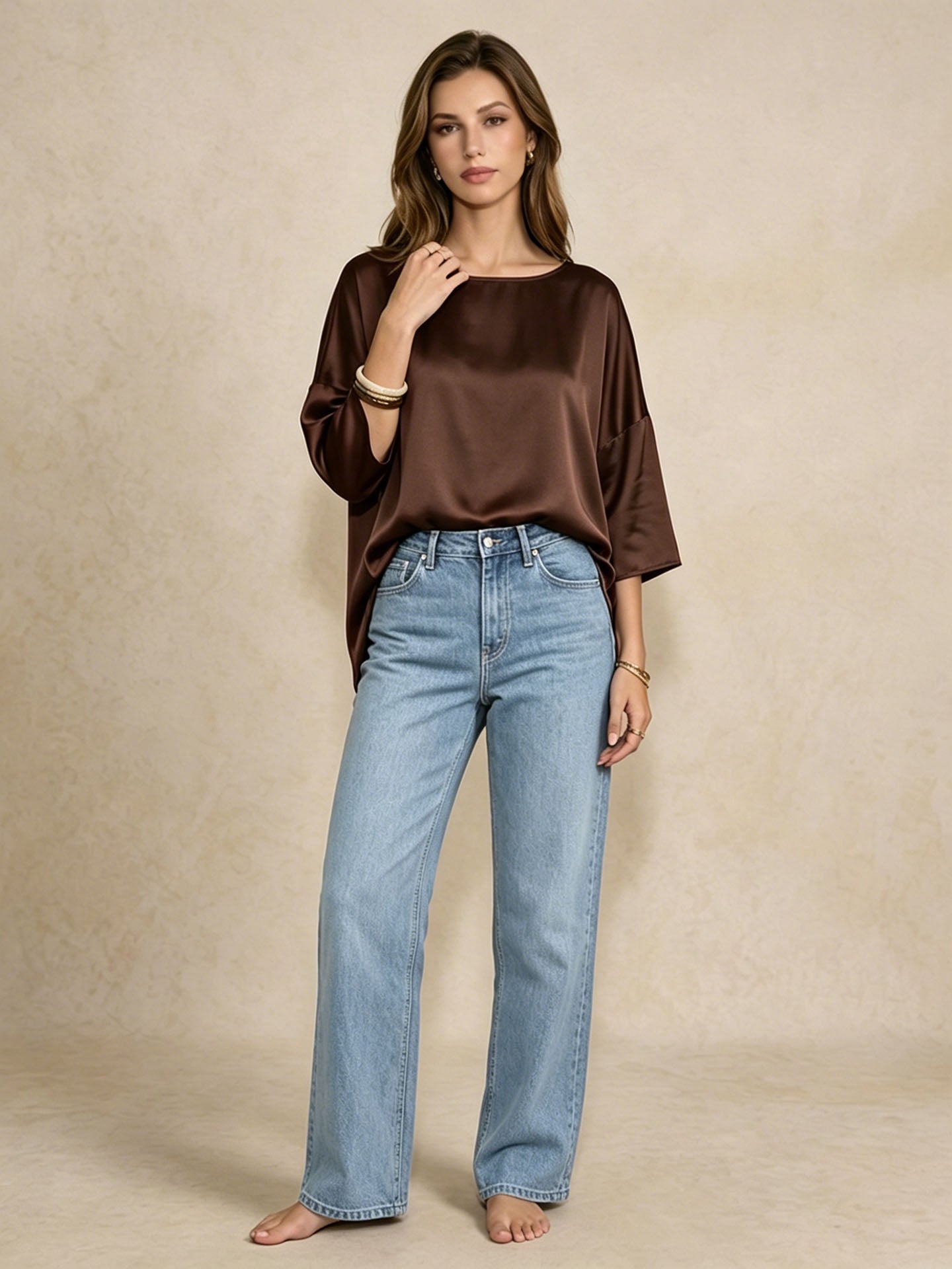 Oversized Boat Neck Silk Blouse#color_Chocolate