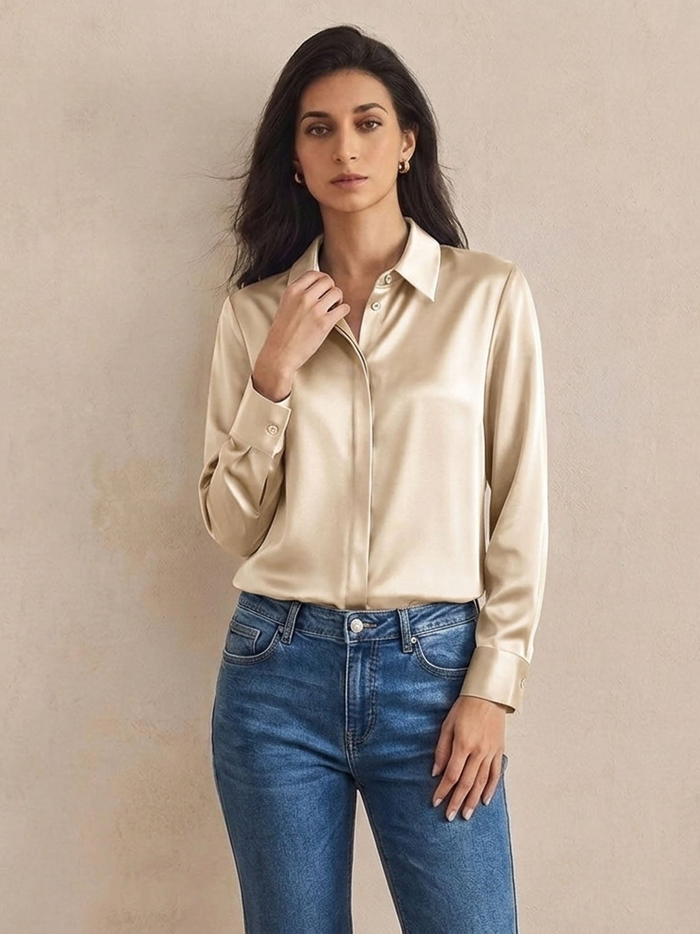 Versatile Elegance Stretch Silk Blouse#color Champagne