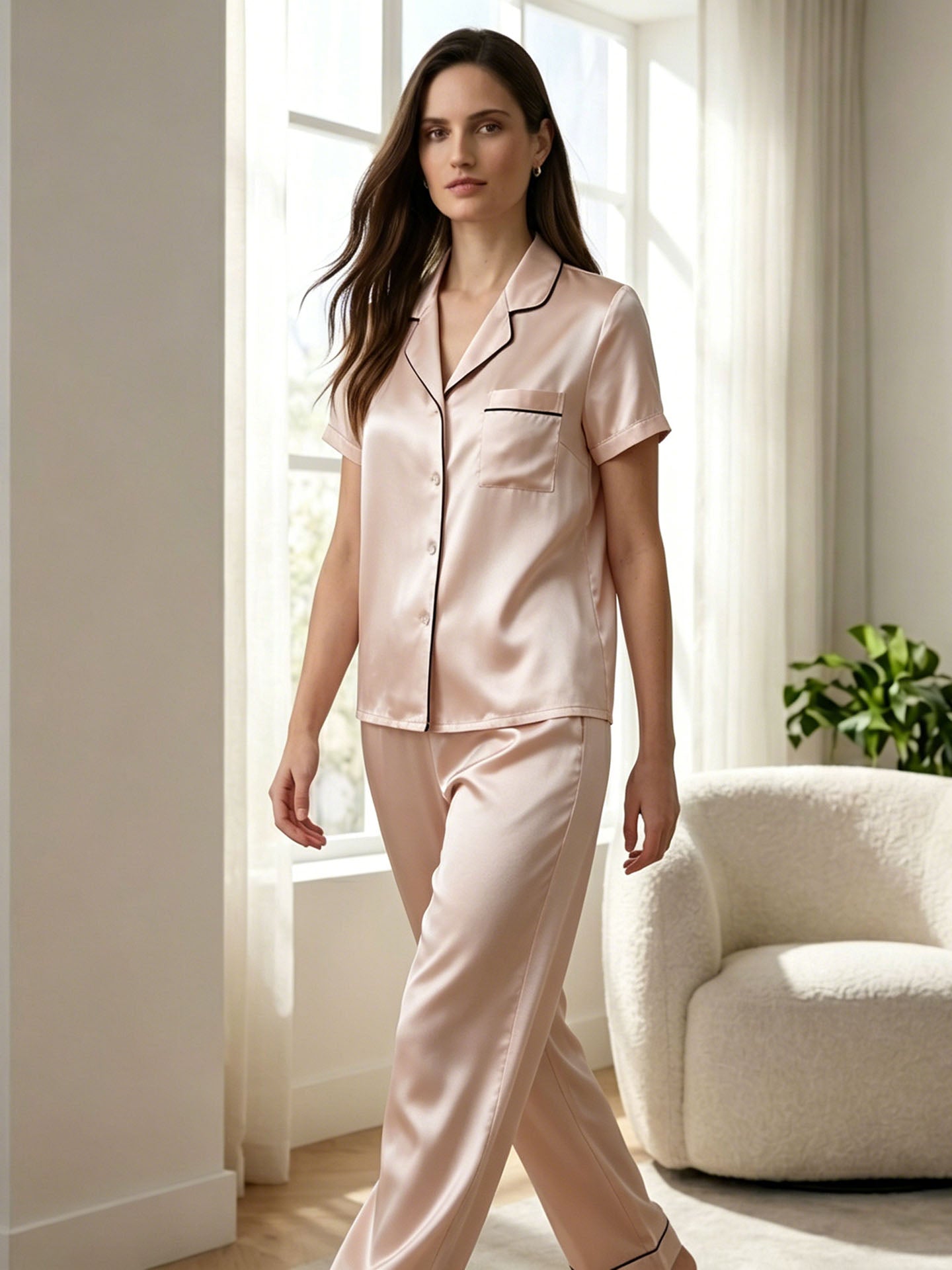 Silk Short-sleeved Trousers Suit #color_Blush Beige