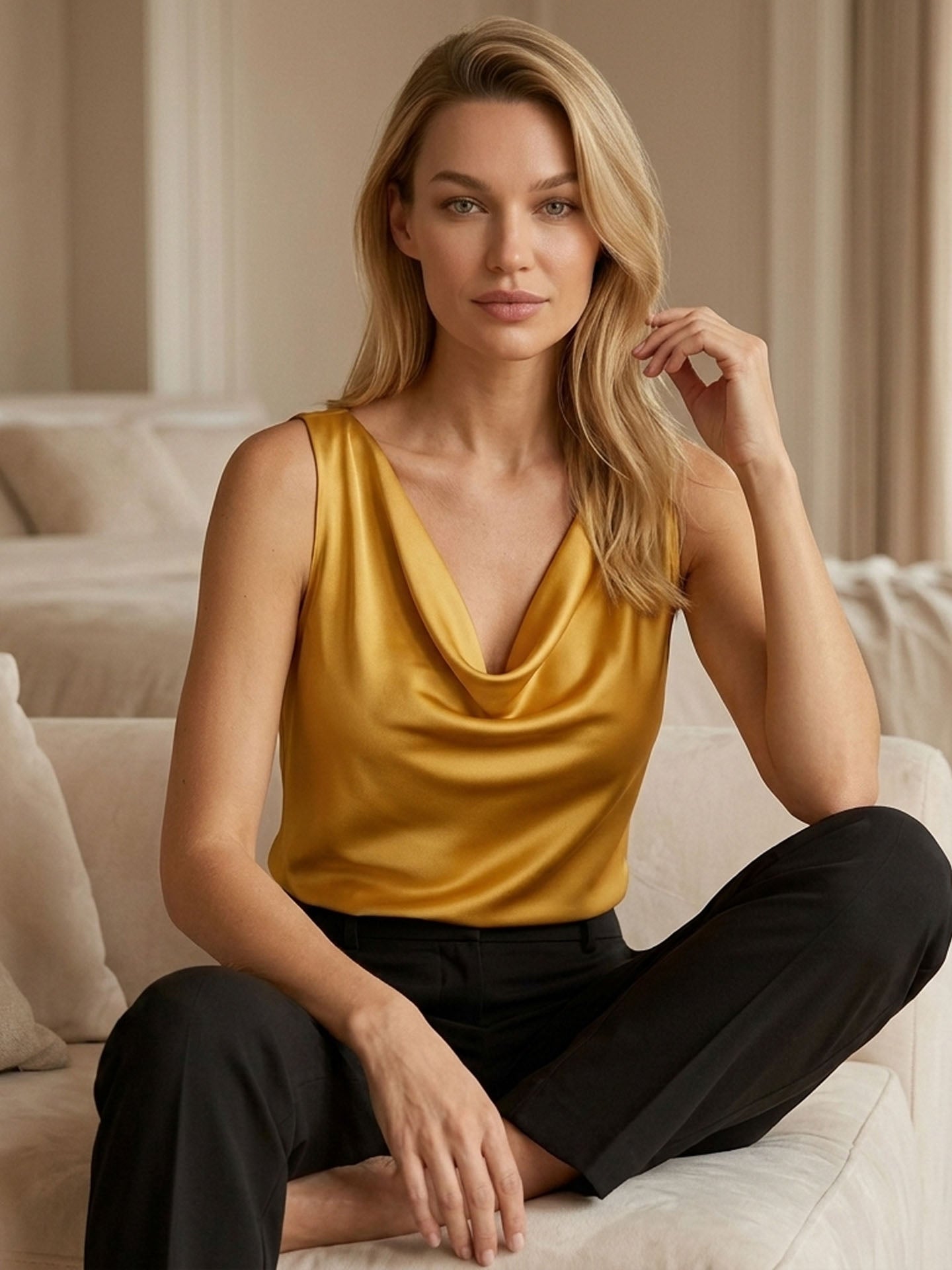 Sleeveless Cowl-Neck Stretch Silk Camisole#color_Golden Mustard