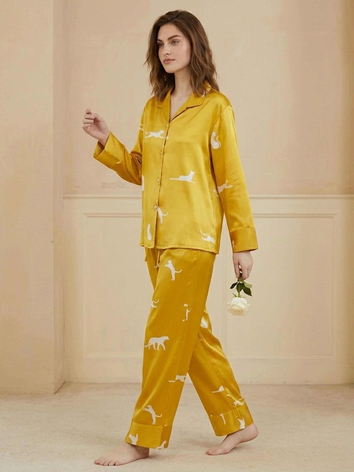 Leopard Print Long Sleeve Trousers Suit #color_Turmeric