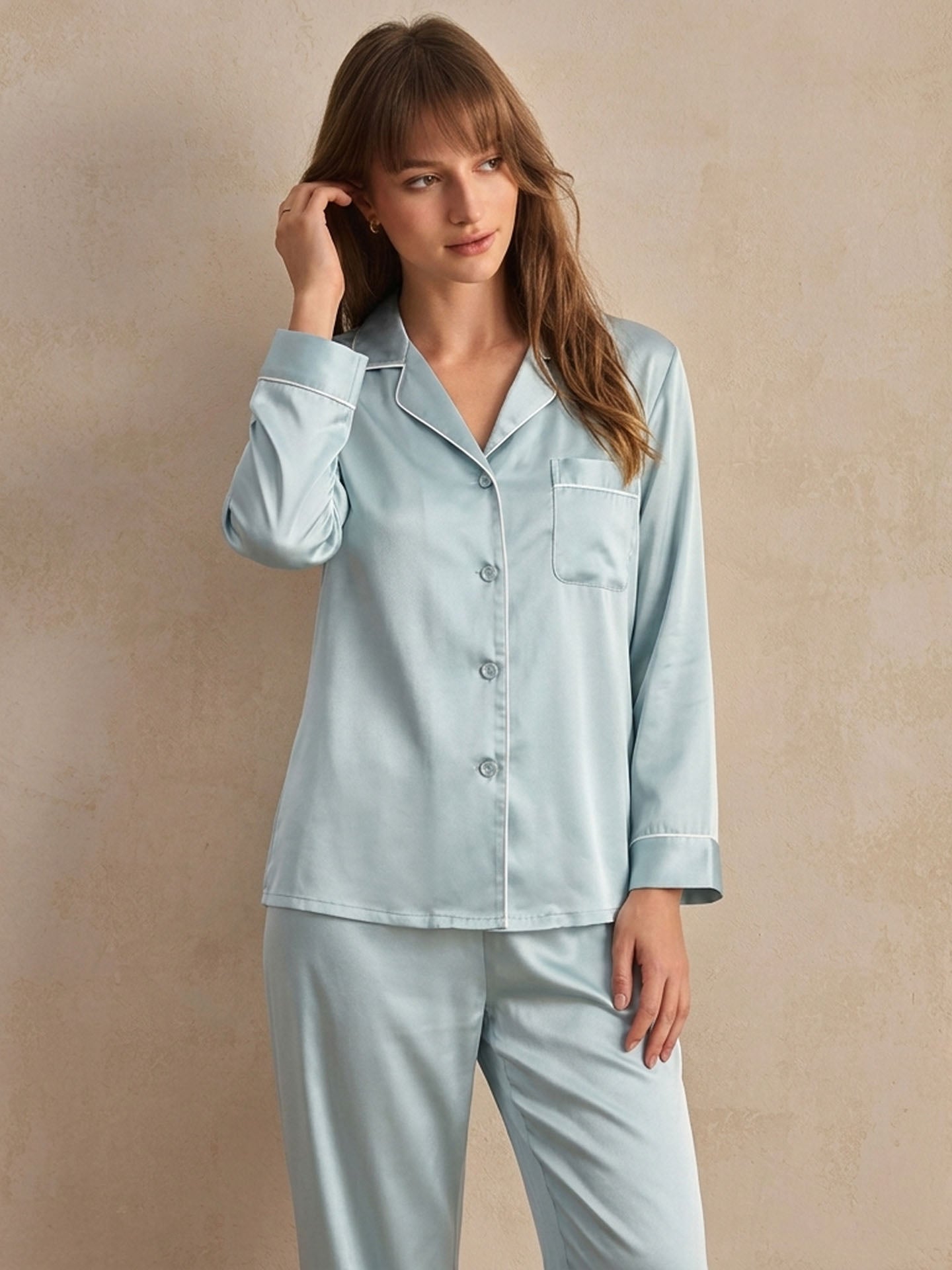 19 Momme Classic Silk Long Sleeve Long Pants Pajama Set#color_Mint Green