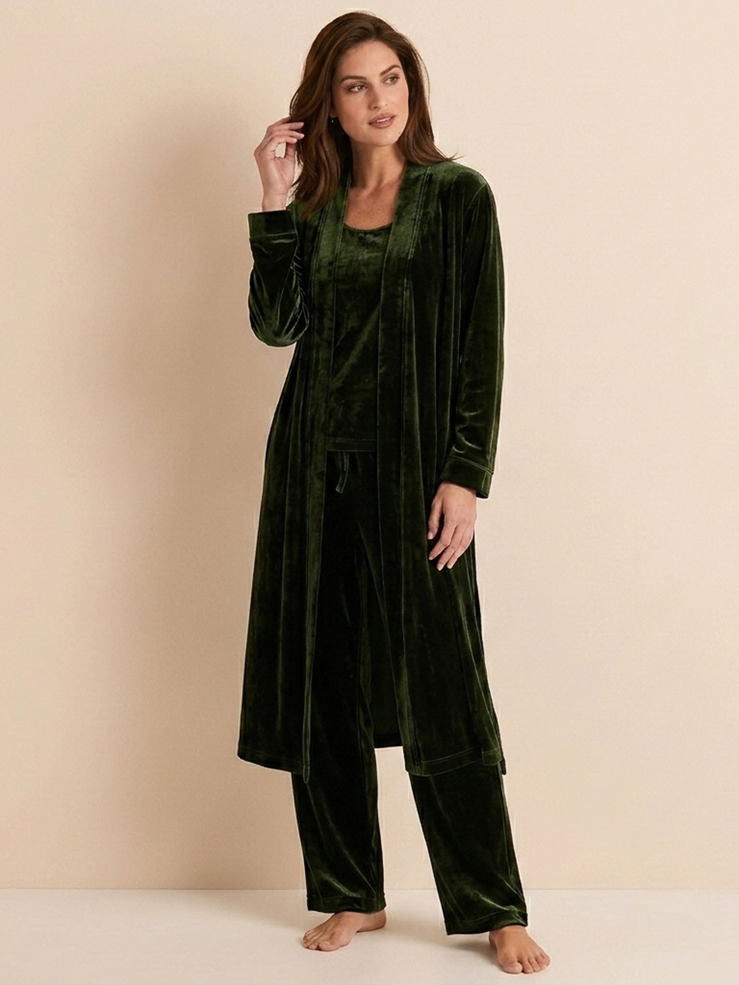 Velvet Suspender Trousers Set With Robe 3PCS #color_Dark Green