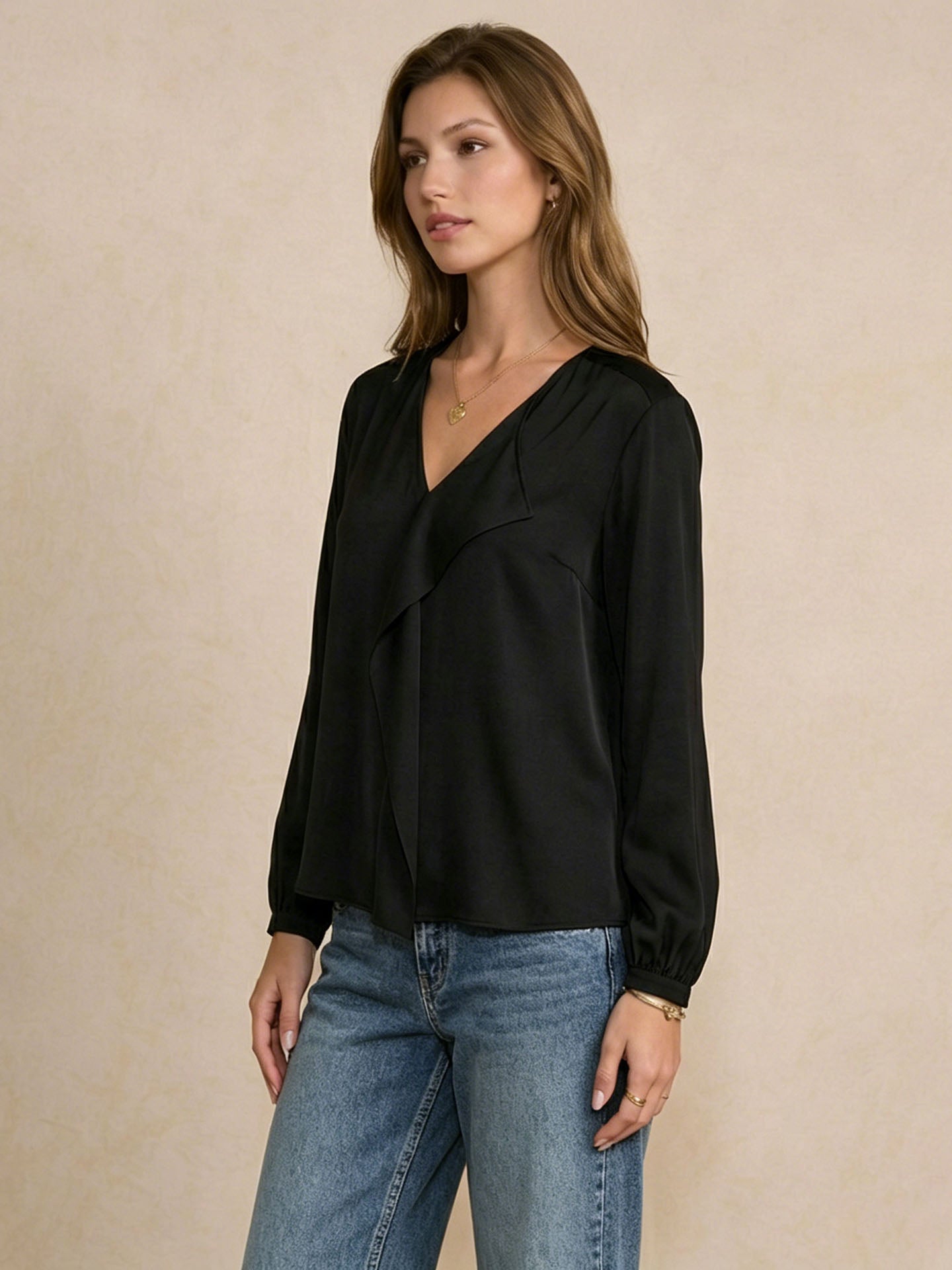 Sculptural Ruffle-Front Mulberry Silk Blouse#color_Black
