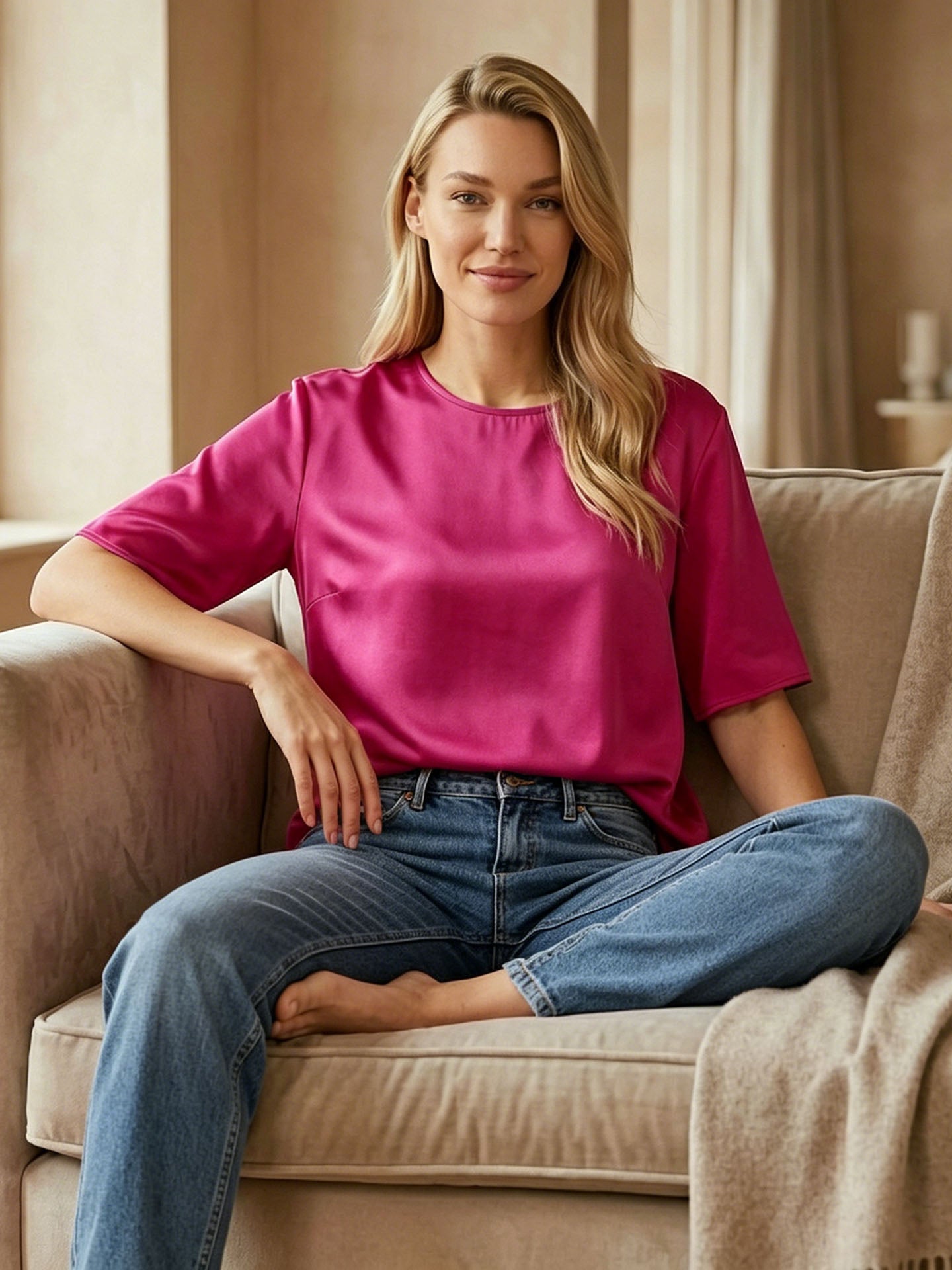 Pure Mulberry Silk Classic Crew-Neck Top#color_Fuchsia