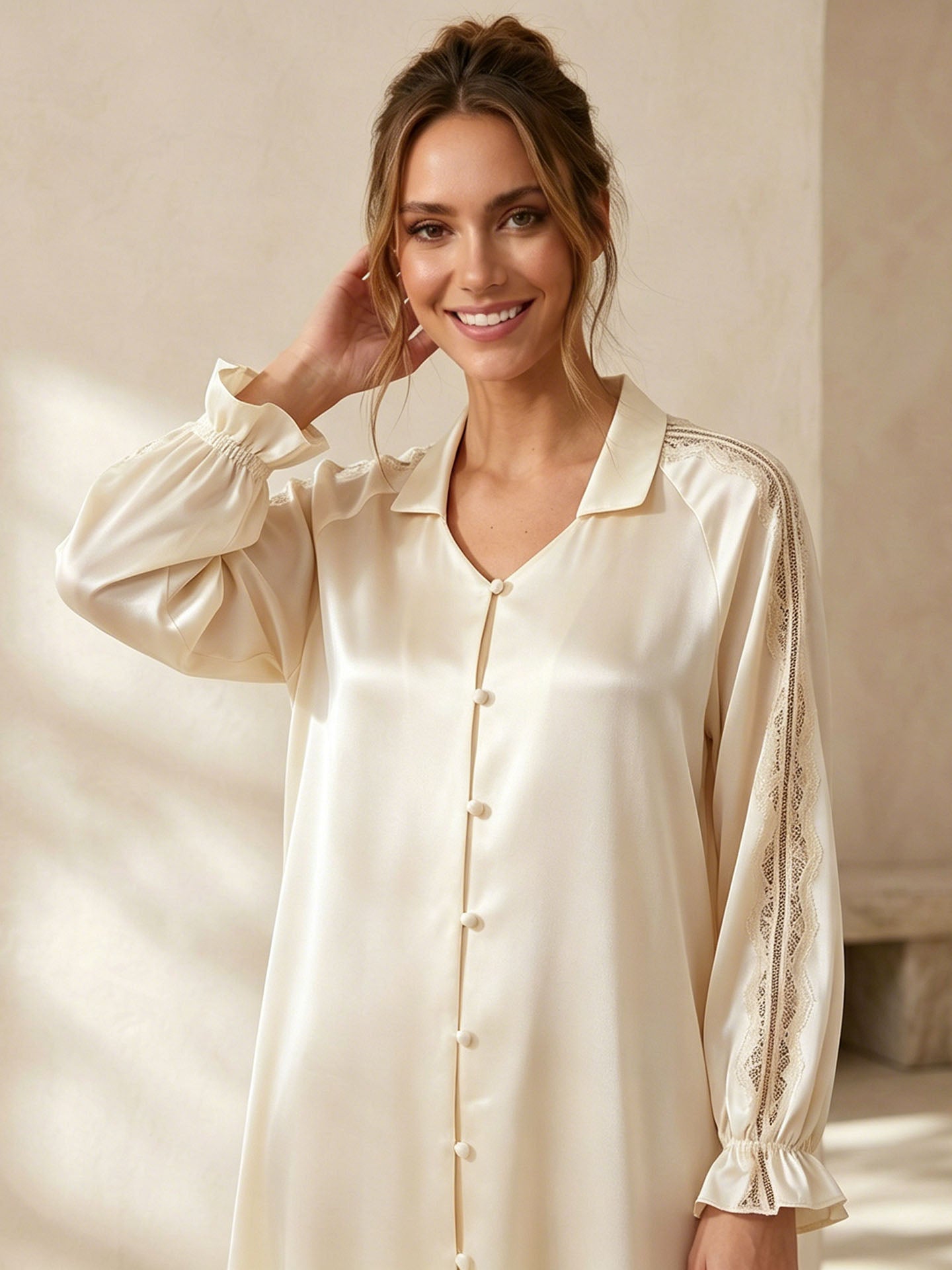 Lace Panel Raglan Sleeve Nightdress #color_Light Lemon Yellow