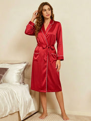 Silk Contrast Trim Long Robe#color_Red