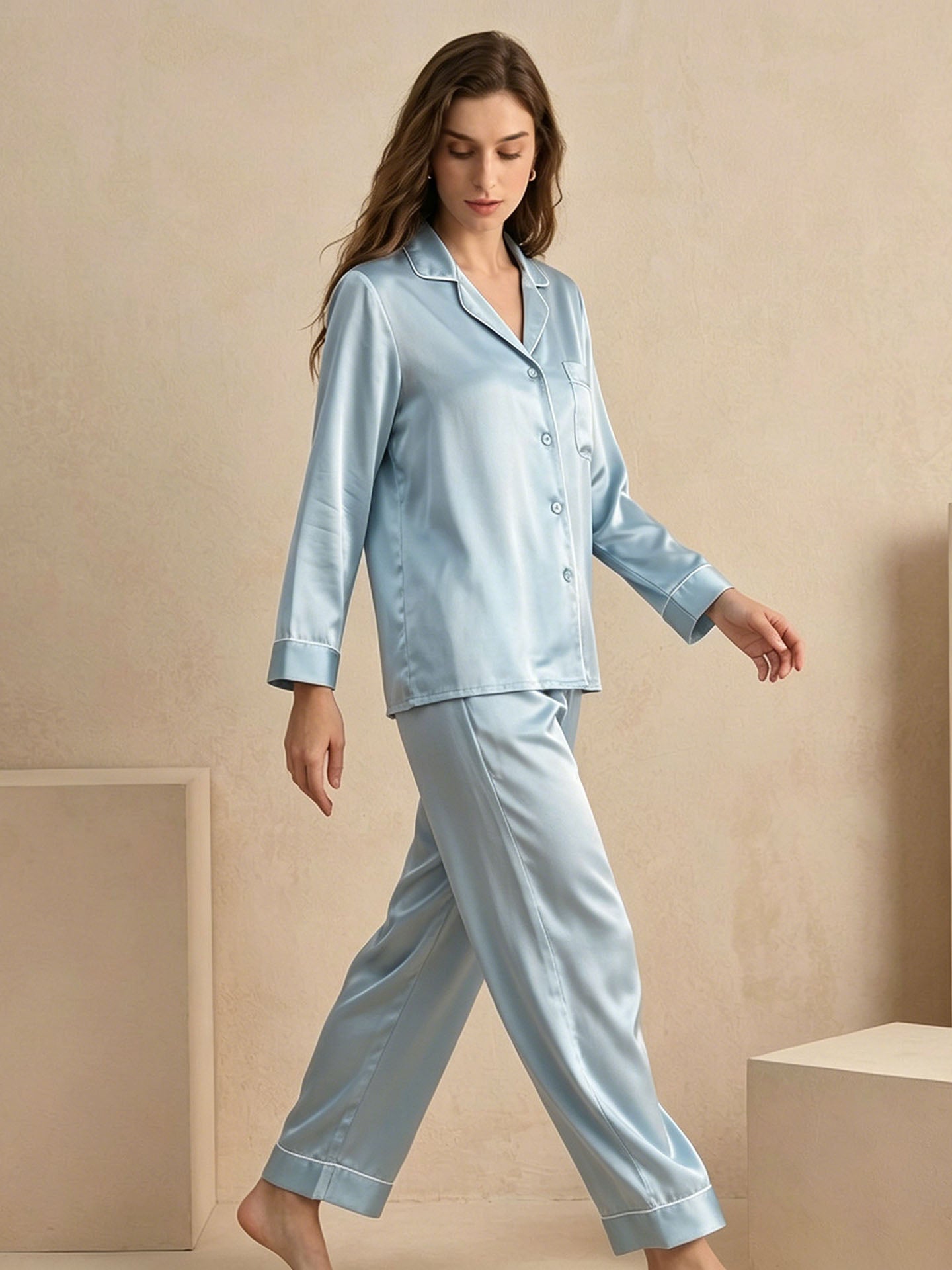 Classic Silk Long Sleeve Long Pants Pajama Set #color_Mint Green