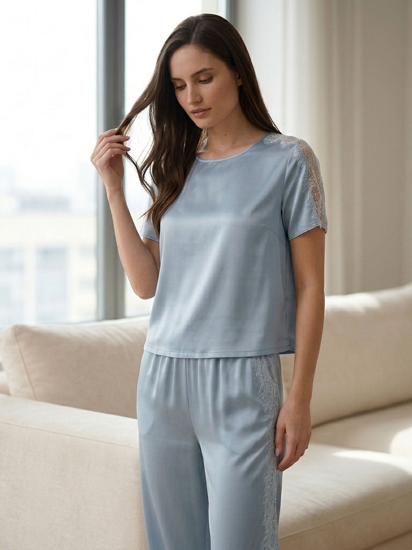 Lace Patchwork Short-sleeved Trousers Suit #color Baby Blue