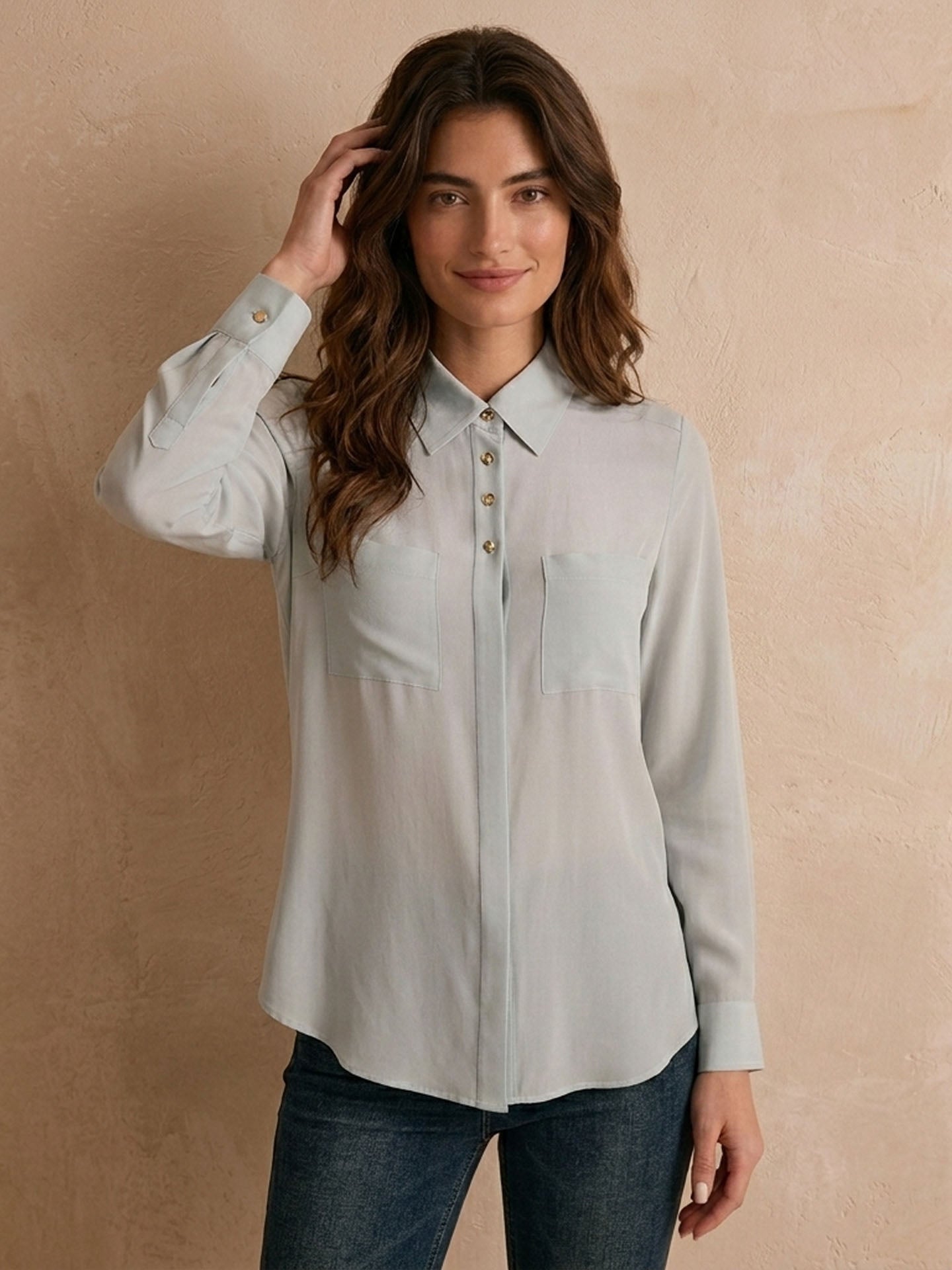 Simple silk crepe de chine shirt with concealed buttons #color_Baby Blue