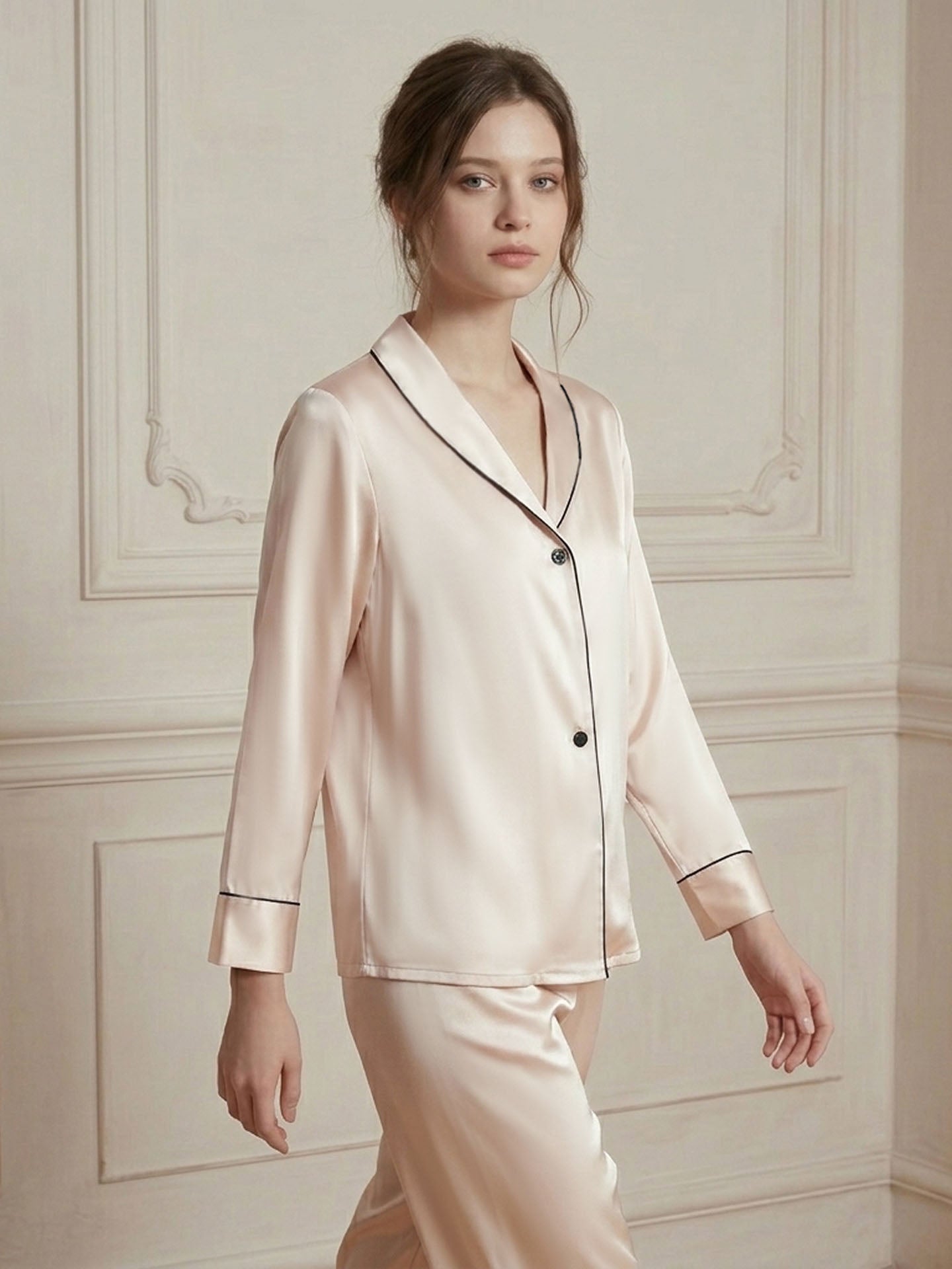 Shawl Collar Long Sleeve Long Pants Silk Suit #color_Blush Beige