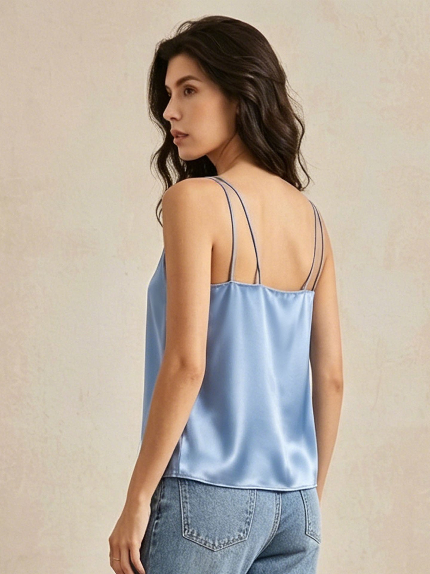 Silk Crepe De Chine Casual Camisole Top#color_Dusty Blue