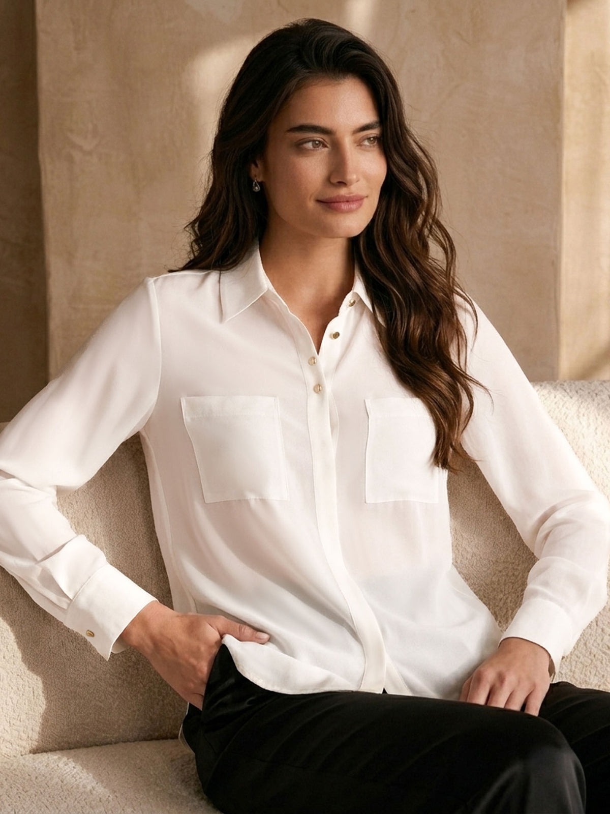 Simple silk crepe de chine shirt with concealed buttons #color_White