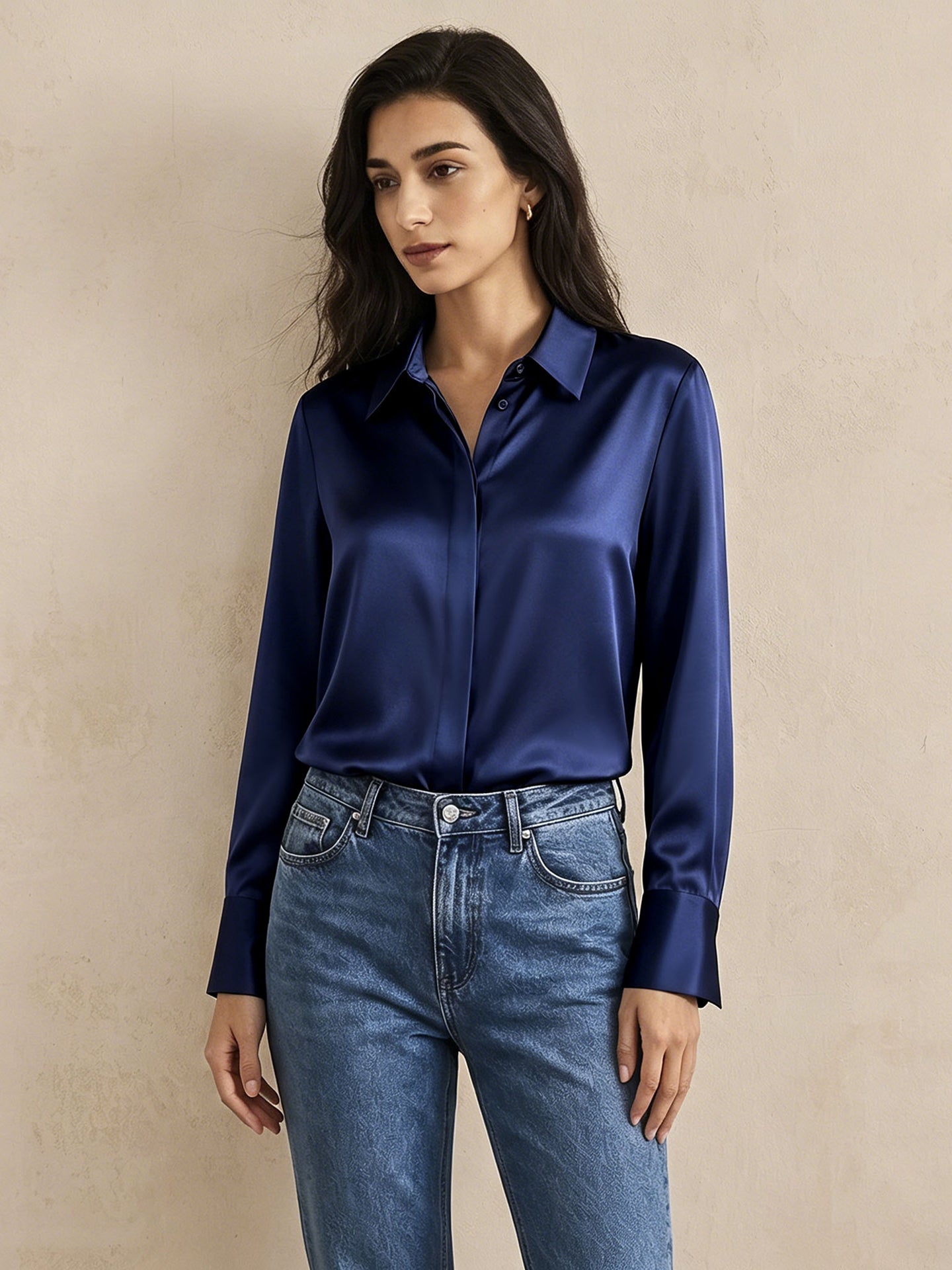 Versatile Elegance Stretch Silk Blouse#color_Navy