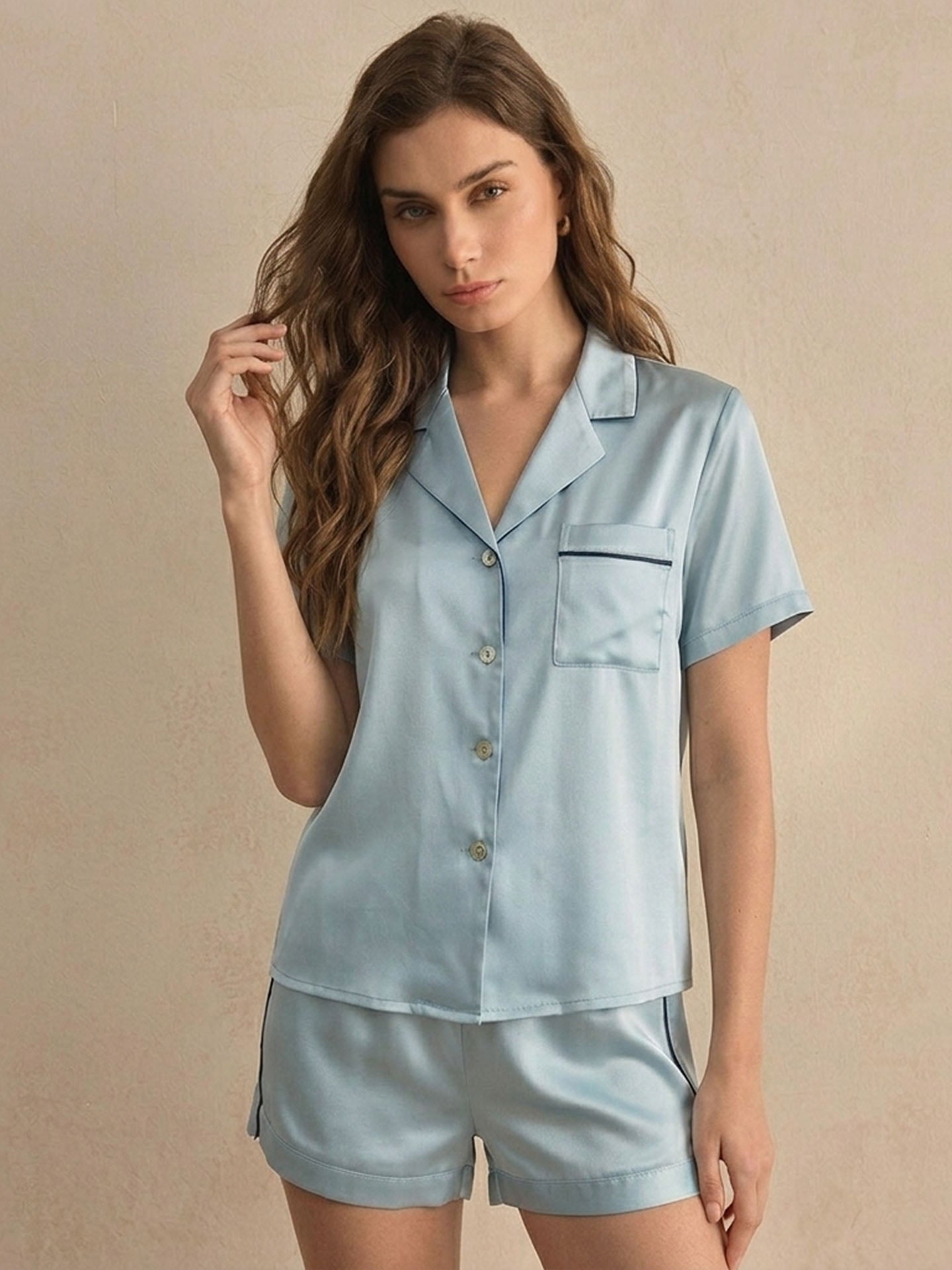 Casual Short-sleeved Shorts Silk Suit#color_Dusty Blue