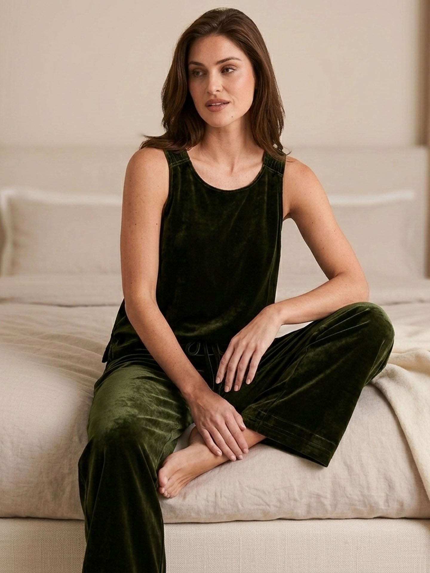 Silk Velvet Vest Set#color_Dark Green