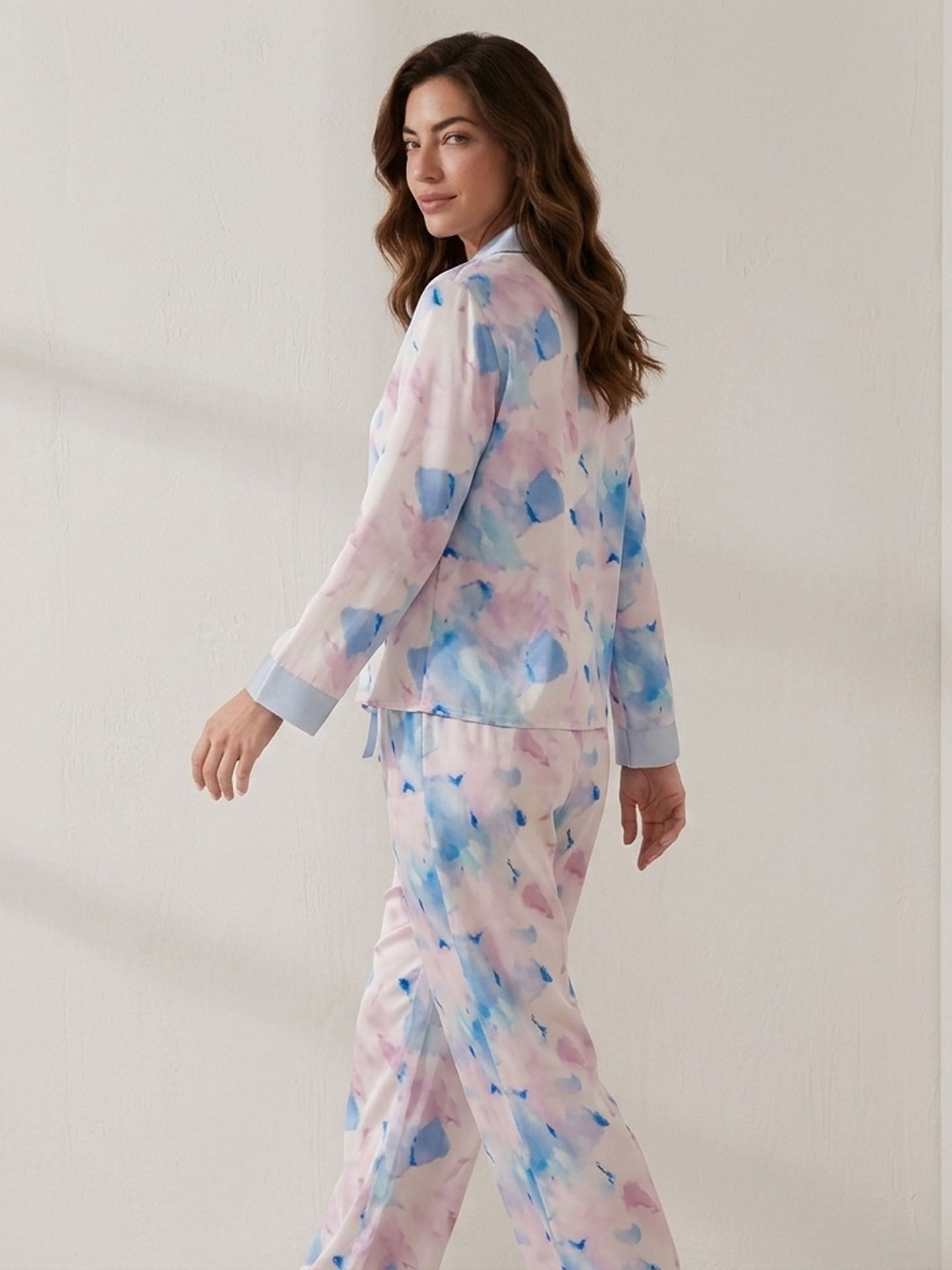 Watercolor Print Long Sleeve Trousers Suit #color_watercolor print
