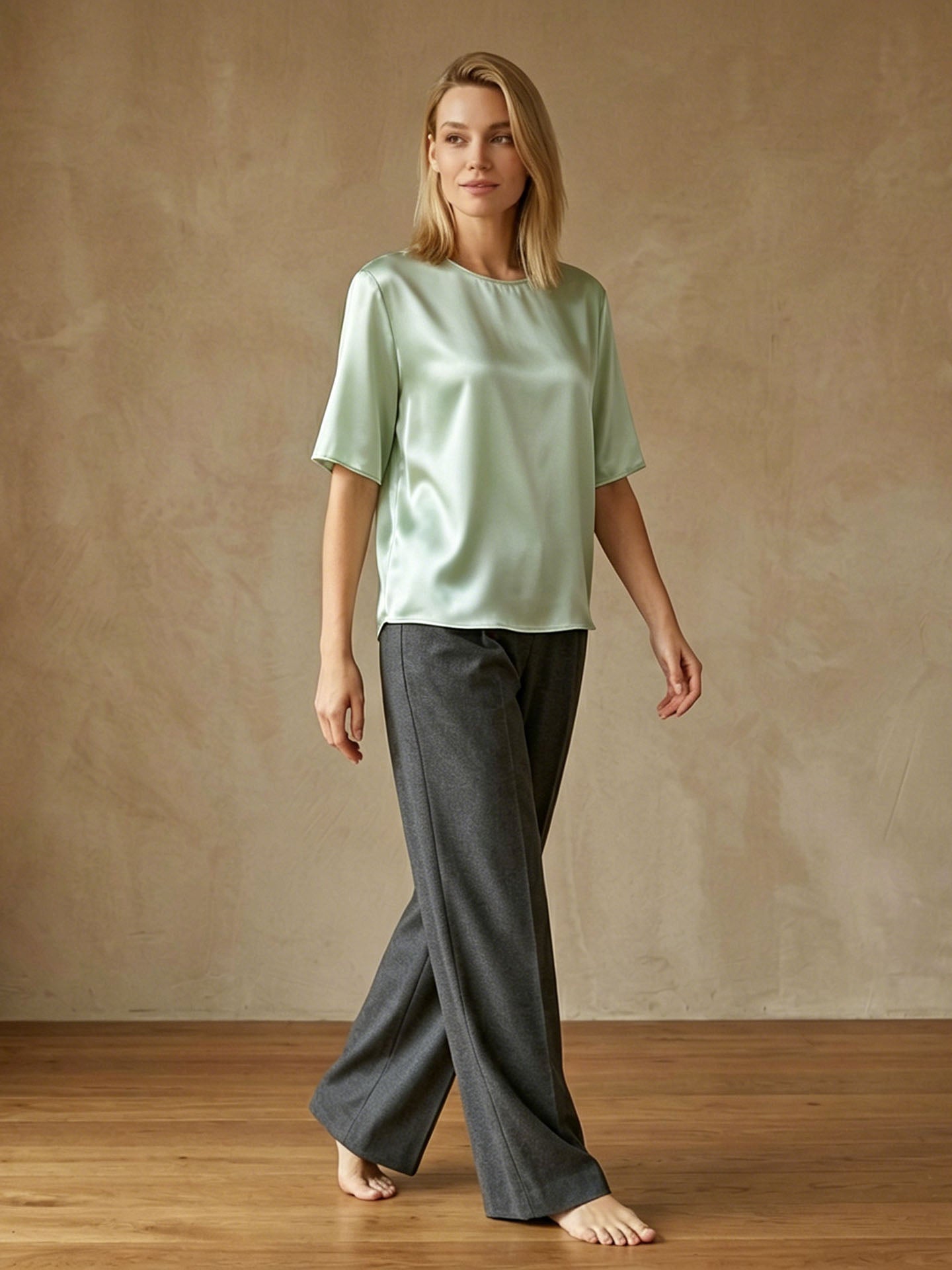 Pure Mulberry Silk Classic Crew-Neck Top#color_Sage Green