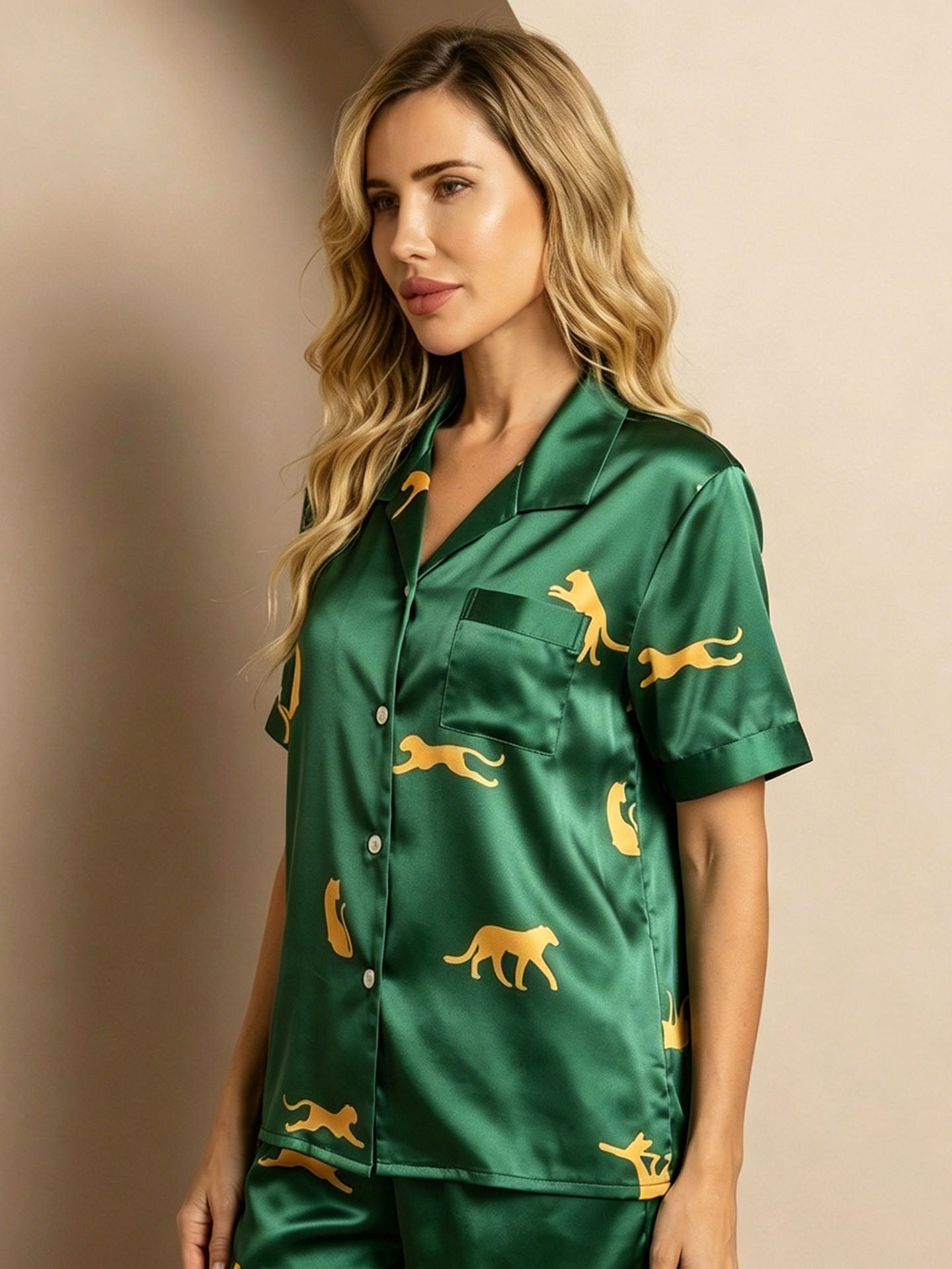 Leopard Print Short-sleeved Shorts Set #color_Dark Green