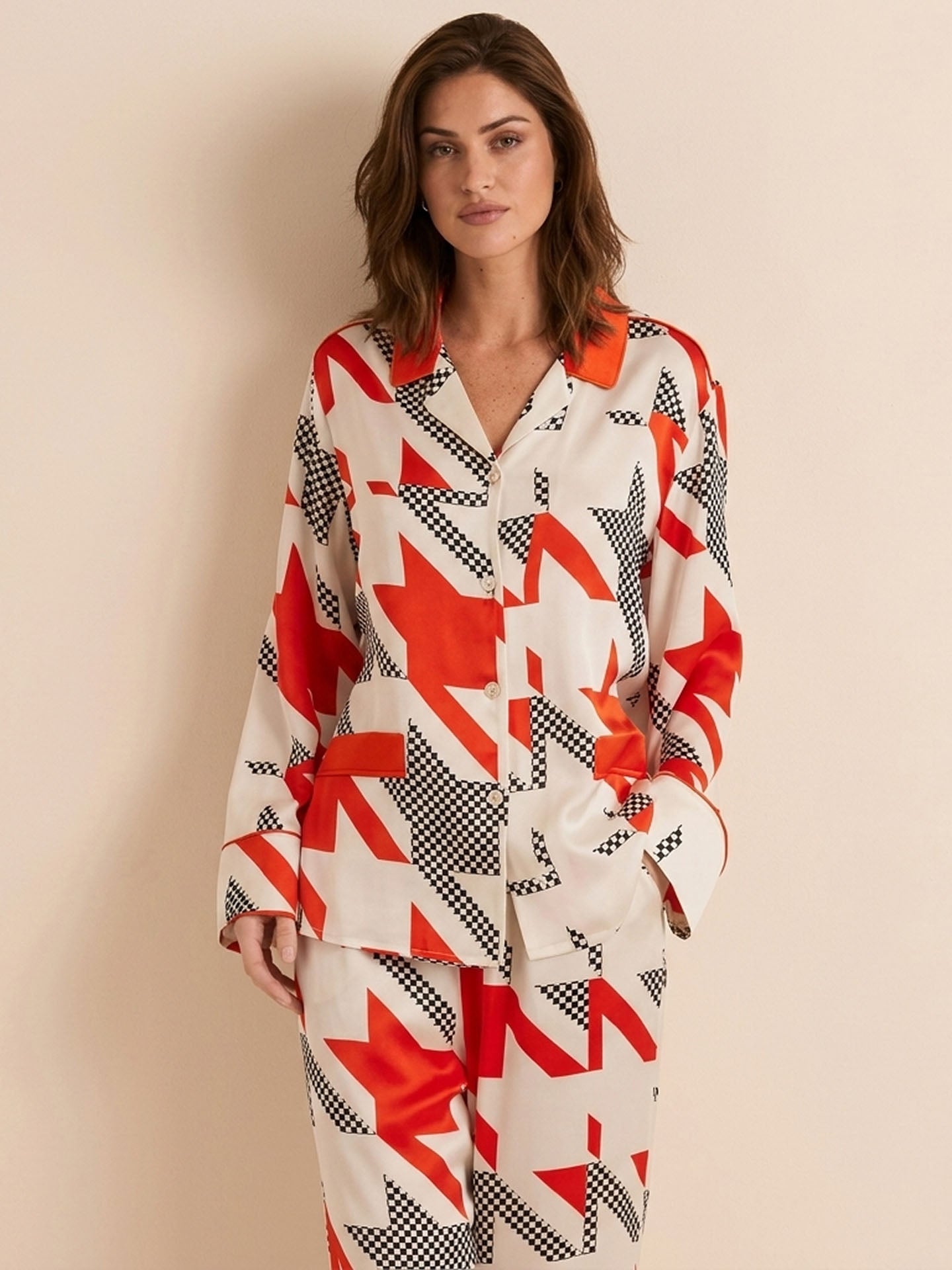 Fashion Contrast Houndstooth Print Long Sleeve Trousers Se#color_Houndstooth print