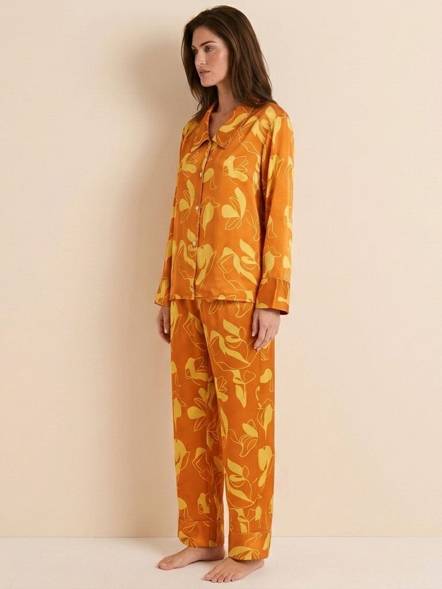 Orange Printed Silk Pajama Set #color_Orange Print