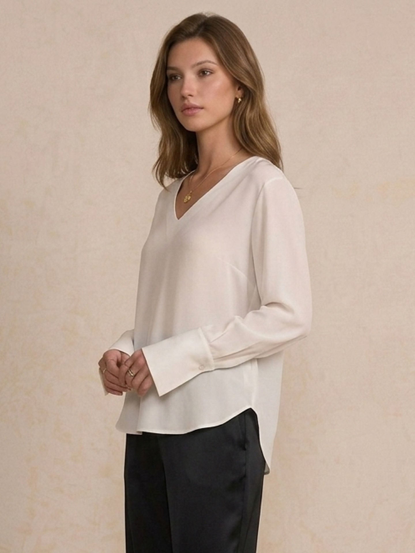 V-Neck Drop Shoulder Silk Blouse#color_White