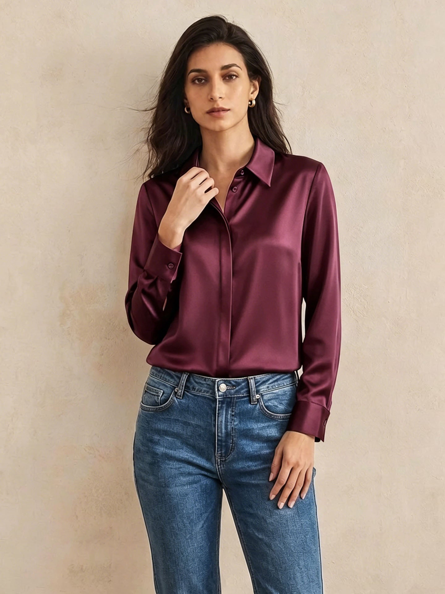Versatile Elegance Stretch Silk Blouse#color_Mulberry