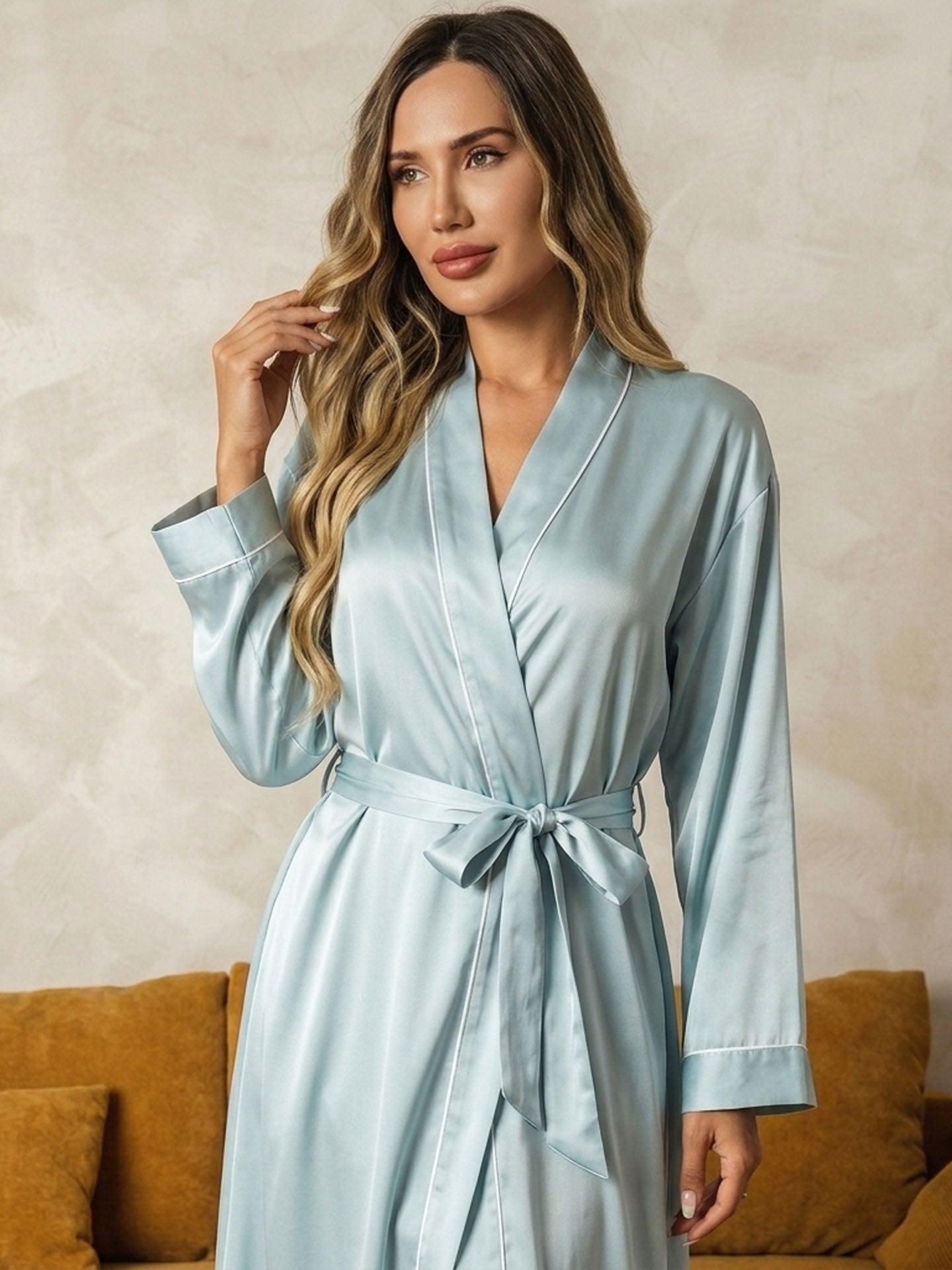 Contrast-trimmed Silk Robe #color_Mint Green